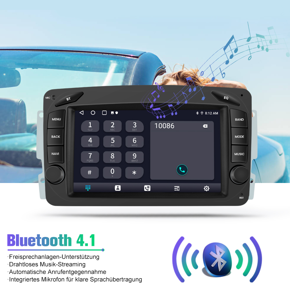 Radio samochodowe z klawiaturą numeryczną, wyświetlaczem i nutami. Logo Bluetooth 4.1 w prawym dolnym rogu. Zewnętrze samochodu w tle.