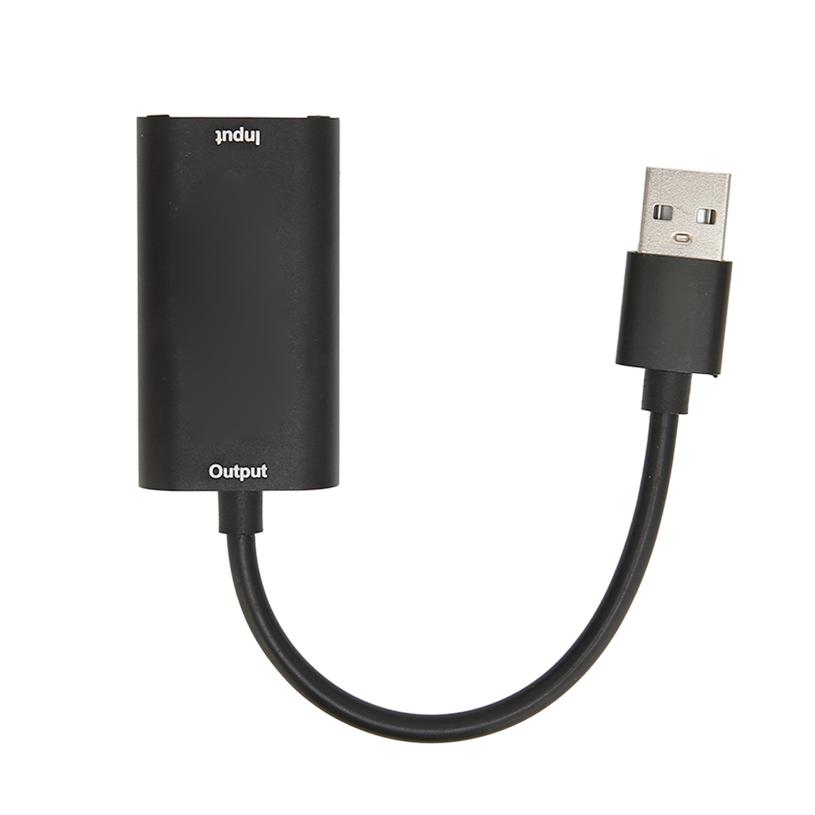 Schwarzer USB-Adapter mit Kabel. Der Adapter hat die Aufschriften 'Input' und 'Output'. Der USB-Anschluss ist silber.