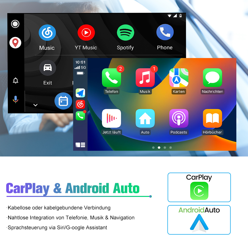System info-rozrywki samochodowej z ikonami aplikacji muzyki, telefonu, map i ustawień. Obecne są loga CarPlay i Android Auto.