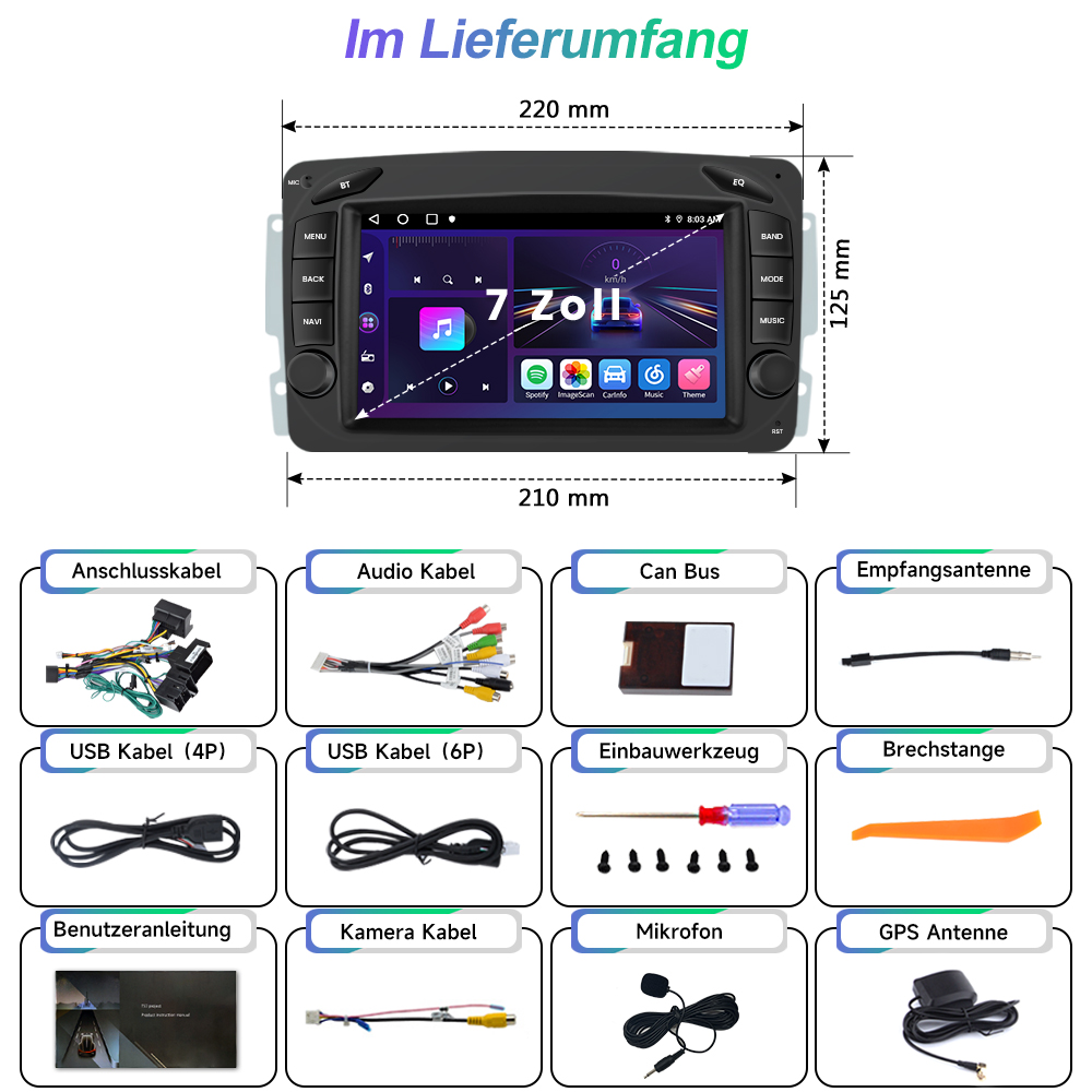 Das Bild zeigt ein Autoradio mit Zubehör: Kabel, Antenne, Werkzeuge und ein Mikrofon.