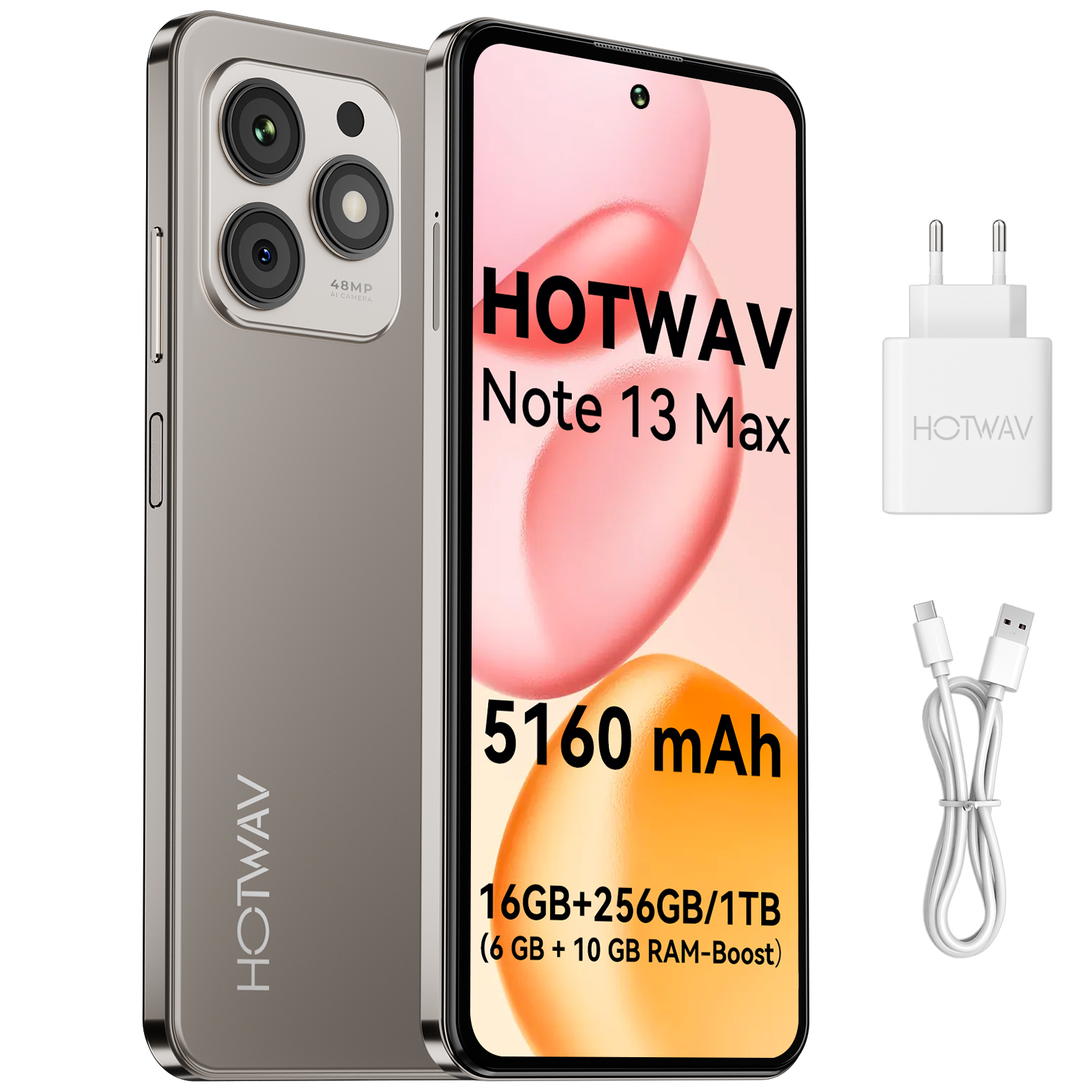 Ein HOTWAV Note 13 Max-Telefon mit Ladegerät und Kabel. Das Telefon hat einen großen Bildschirm mit Informationen.
