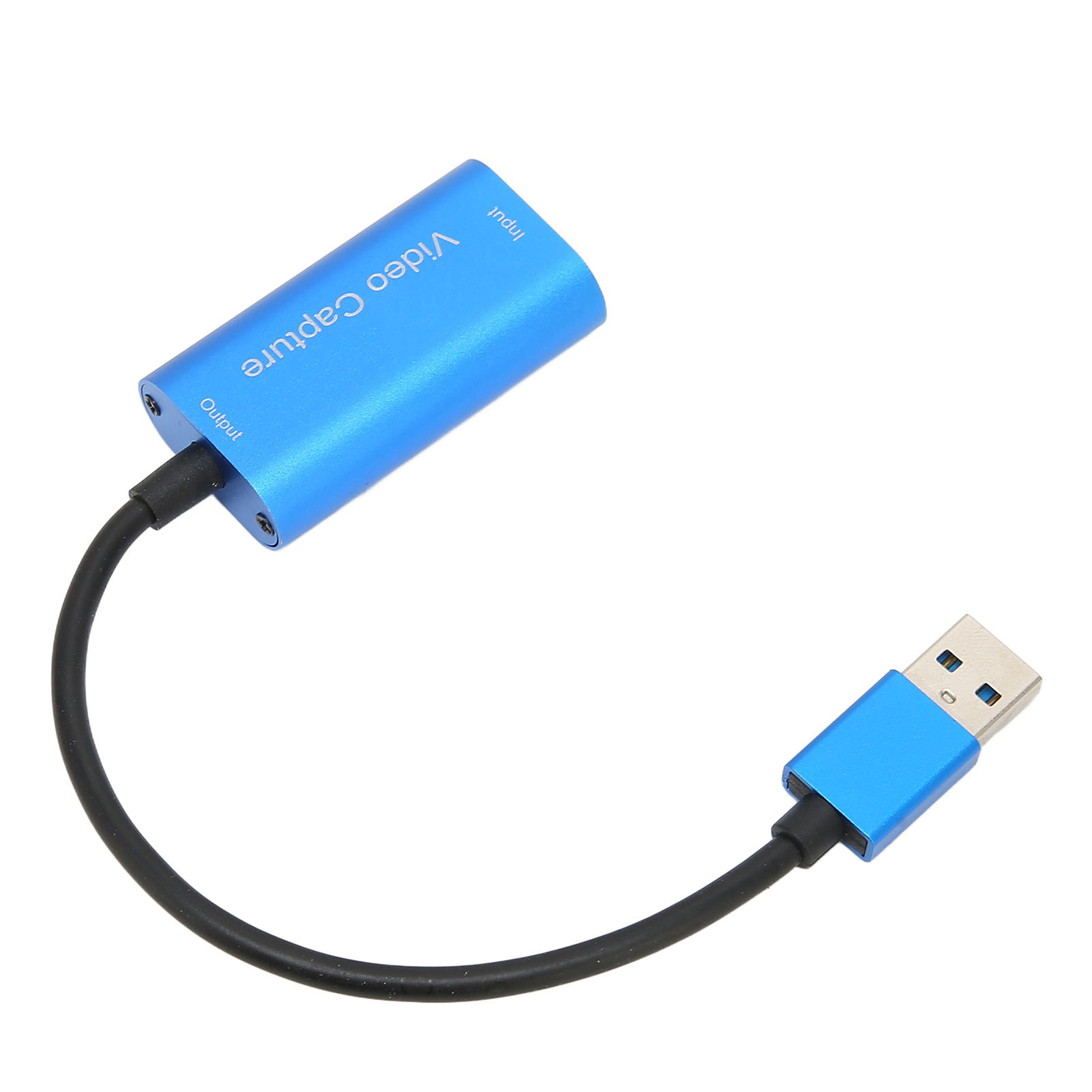 Ein blaues Videoaufnahmegerät mit USB-Anschluss ist mit einem schwarzen Kabel verbunden. Das Gerät befindet sich auf weißem Hintergrund.