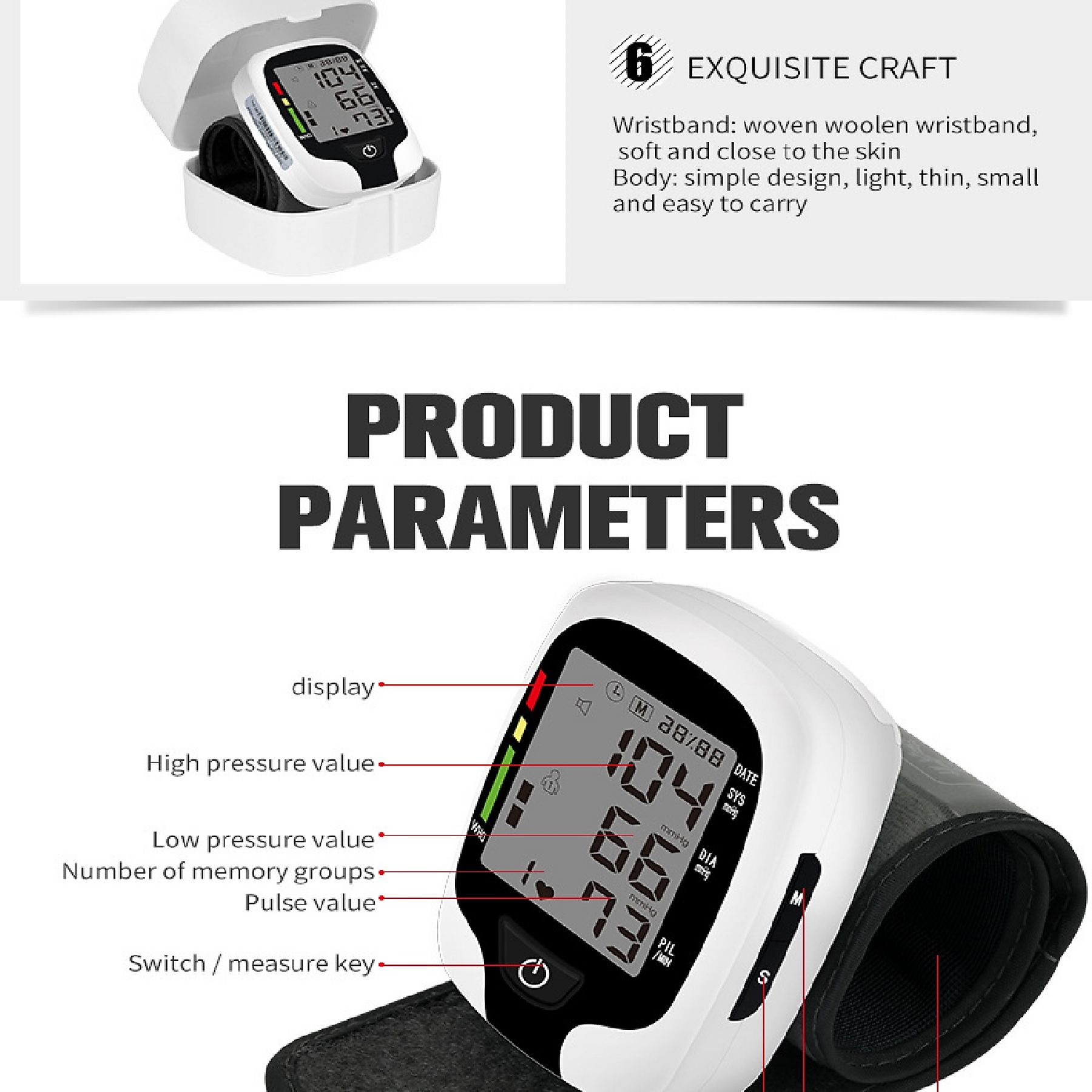 Ein Blutdruckmessgerät mit Display, das Zahlen anzeigt. Es ist weiß mit schwarzem Armband, in einem weißen Gehäuse.