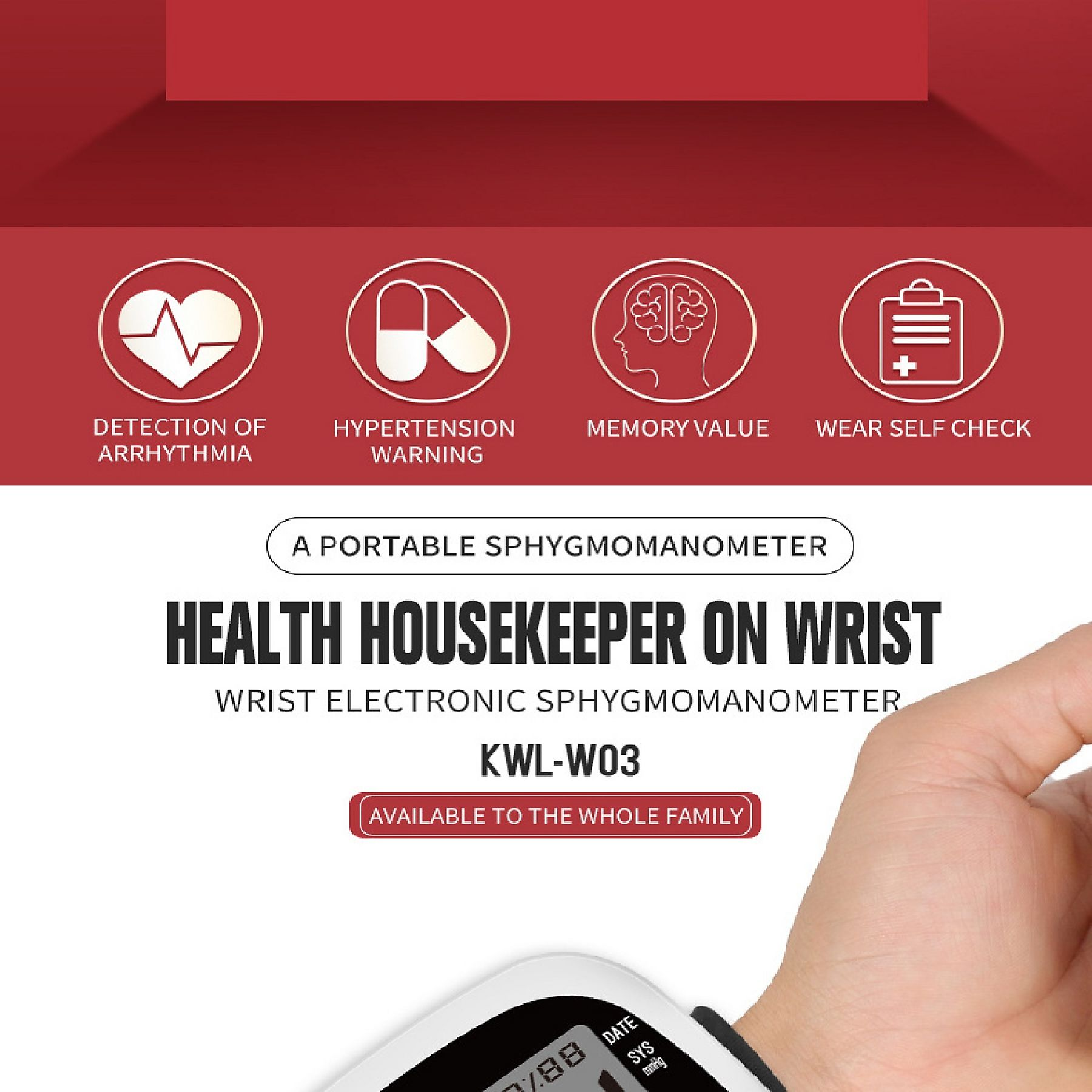 Werbung für ein Handgelenk-Blutdruckmessgerät mit Gesundheits-Symbolen und einem Gerät am Handgelenk, mit Text.