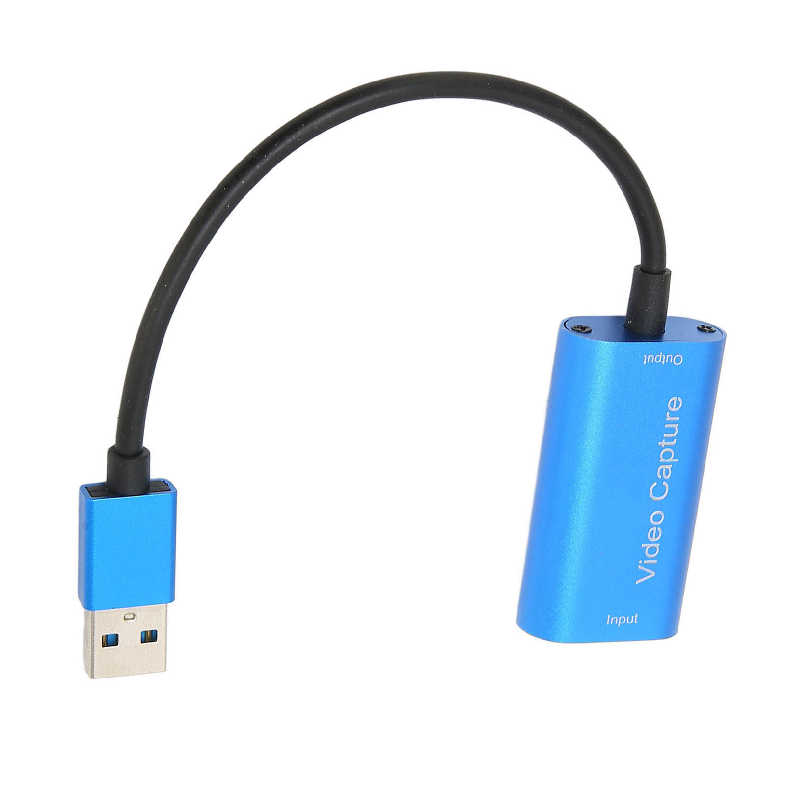 Ein blaues Videoaufnahmegerät mit schwarzem Kabel und USB-Anschluss auf weißem Hintergrund.
