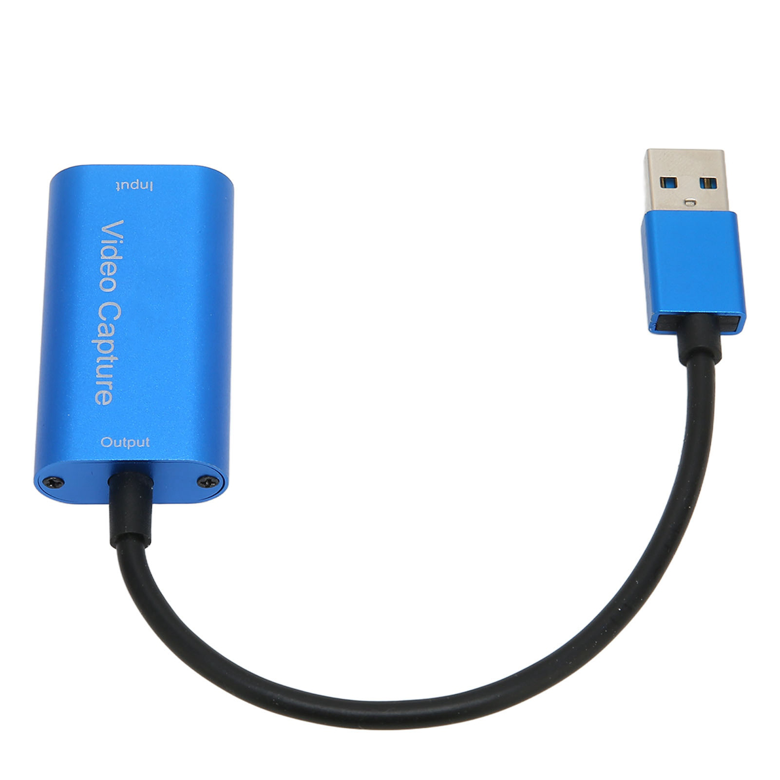 Ein blaues Videoaufnahmegerät mit USB-Anschluss und schwarzem Kabel. Auf dem Gerät steht 'Video Capture'.