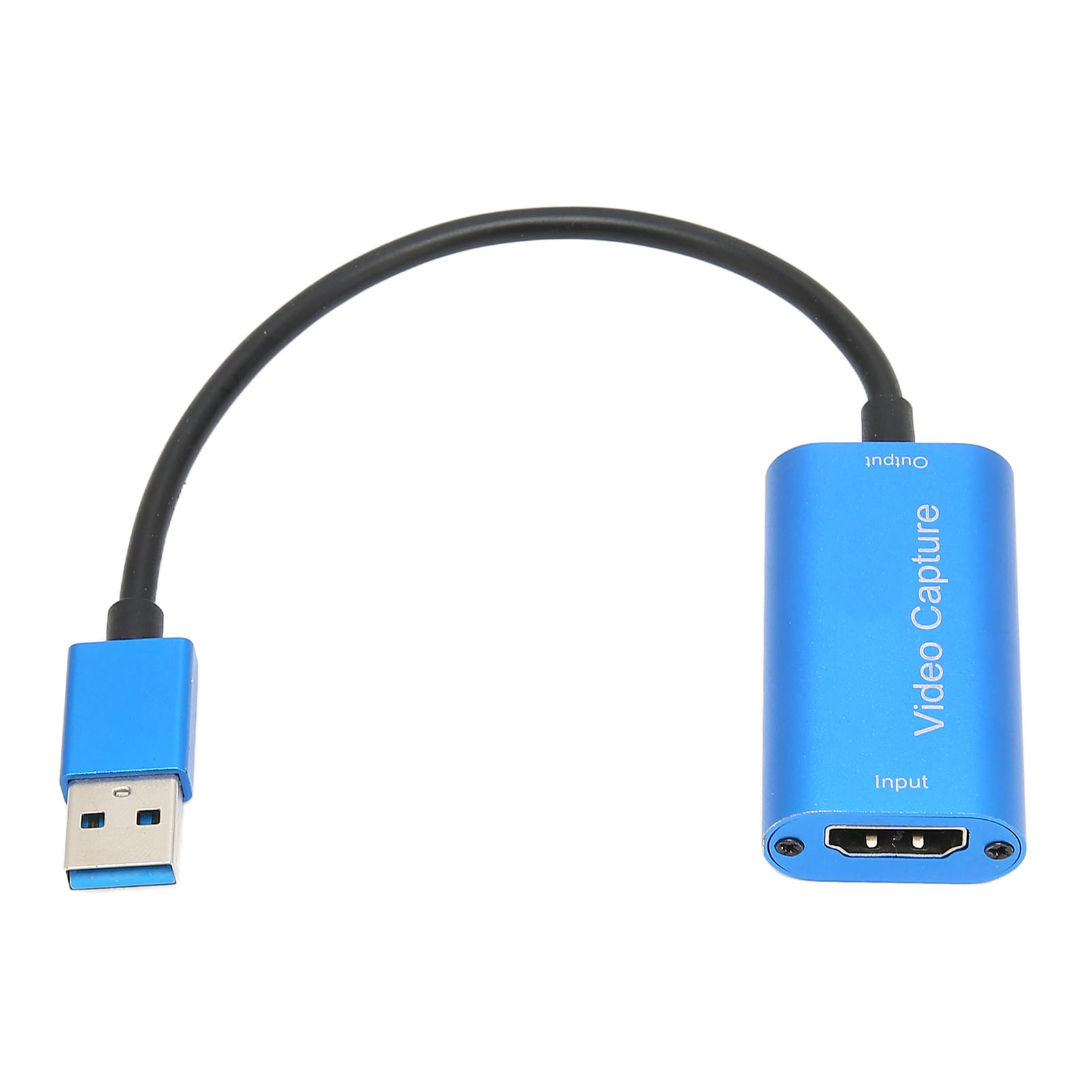 Ein blaues Videoaufnahmegerät mit schwarzem Kabel und USB-Anschluss. Es steht 'Video Capture' darauf.