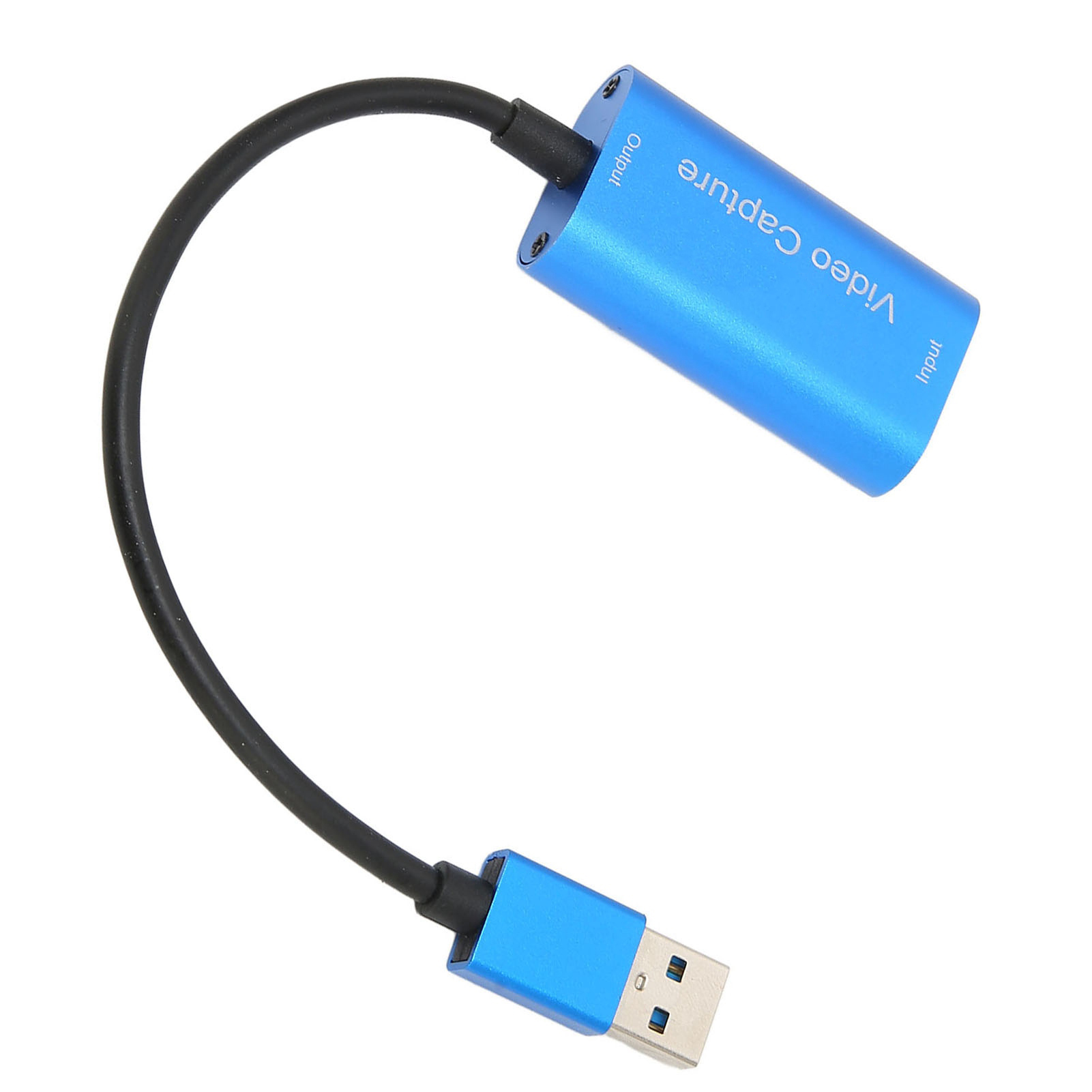 Ein blaues Videoaufnahmegerät mit schwarzem Kabel und USB-Anschluss, beschriftet mit 'Video Capture' und 'Input/Output'.