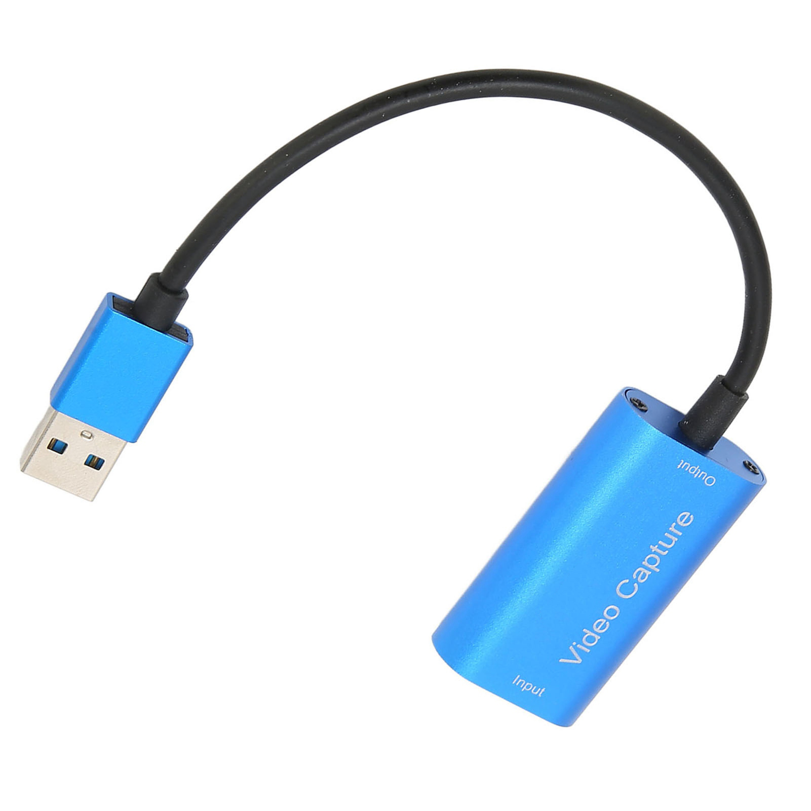Ein blaues Videoaufnahmegerät mit schwarzem Kabel und USB-Anschluss. Es ist mit "Video Capture", "Input" und "Output" beschriftet.