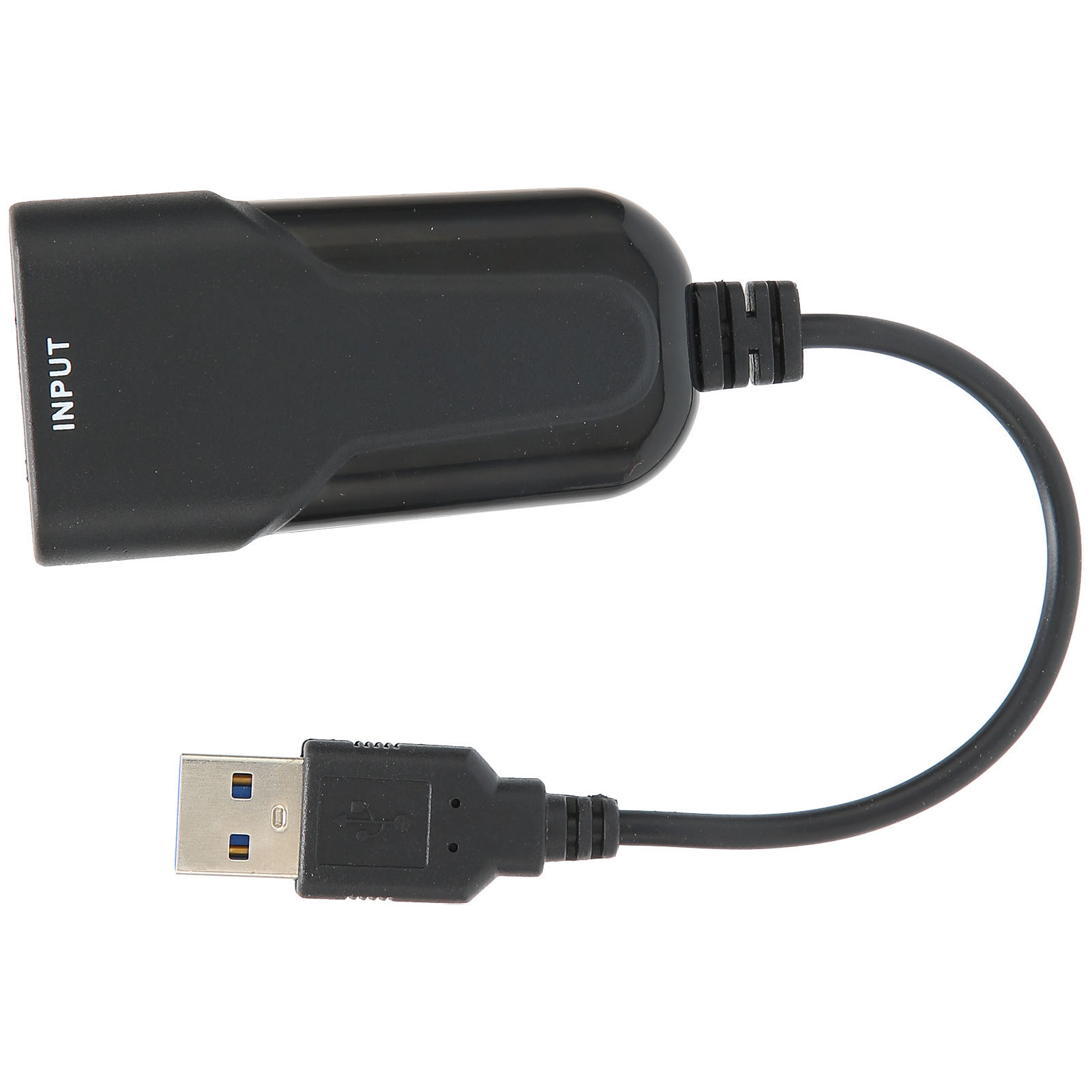 Ein schwarzes USB-Adapterkabel. Auf dem Adapter ist INPUT aufgedruckt. Das USB-Ende ist sichtbar.