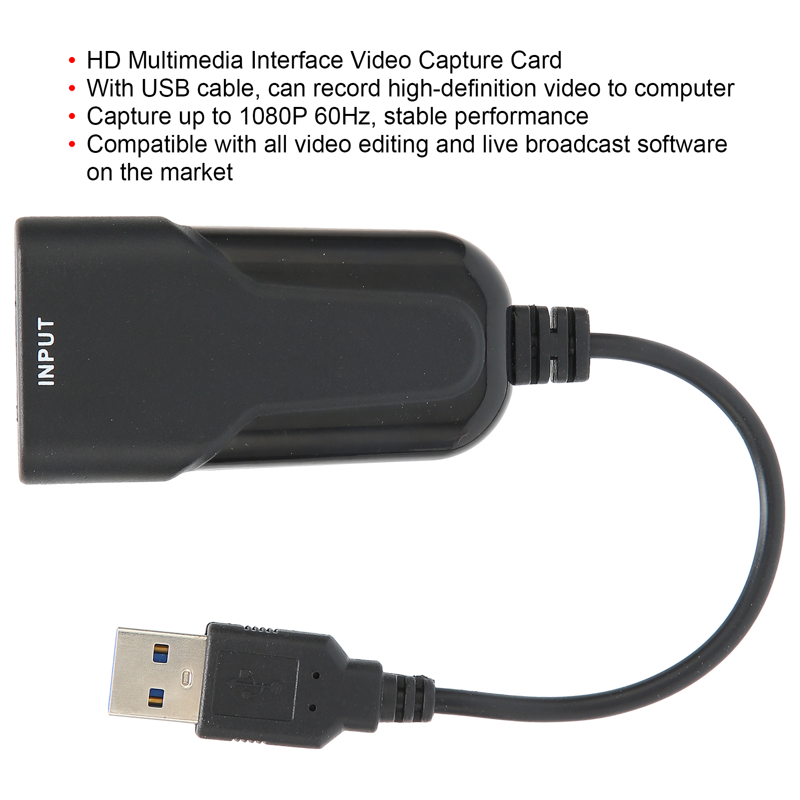 Schwarze Videoaufnahmekarte mit USB-Kabel. Das Etikett 'INPUT' ist sichtbar. Weißer Hintergrund.