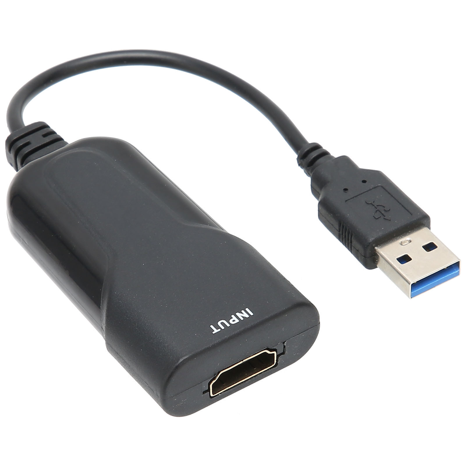 Schwarzer HDMI-zu-USB-Adapter. Der Adapter hat einen HDMI-Eingang und einen USB-Ausgang. Das Kabel ist schwarz.