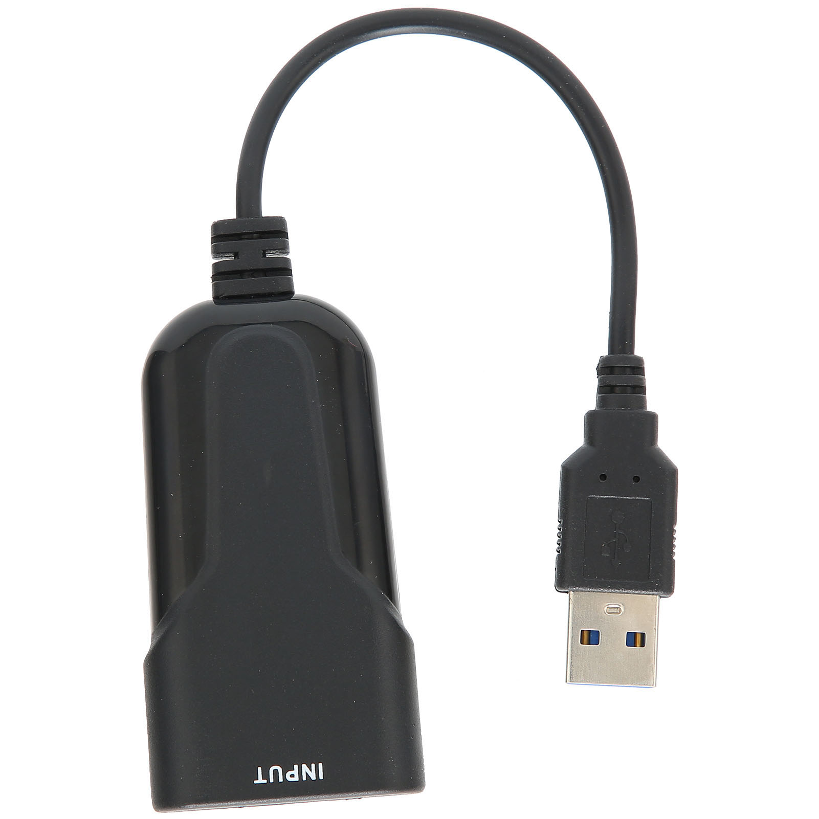 Schwarzes USB-Adapterkabel auf weißem Hintergrund. Es hat einen USB-A-Anschluss und eine größere schwarze Komponente mit dem Wort 'INPUT'.