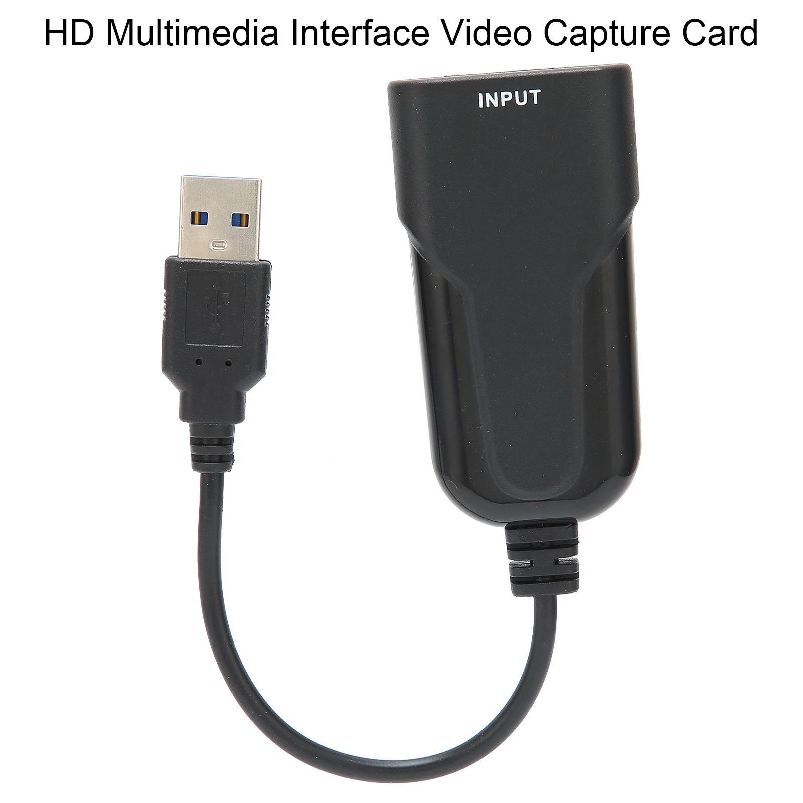 Eine schwarze Video-Capture-Karte mit USB-Anschluss und schwarzem Kabel. Das Wort 'INPUT' steht auf der Karte.