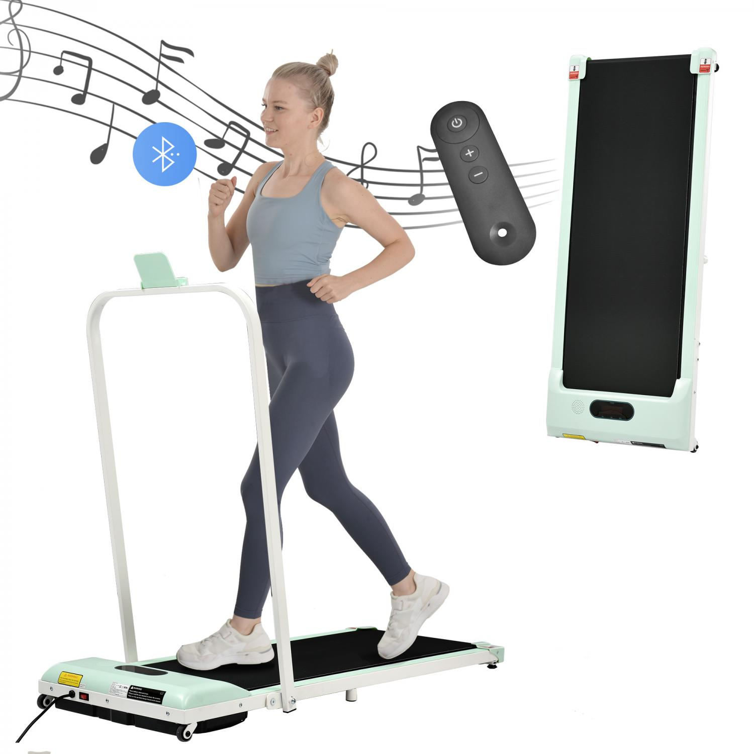 Frau läuft auf einem Laufband. Bluetooth-Symbol, Noten und Fernbedienung sind sichtbar. Das Laufband ist mintgrün.