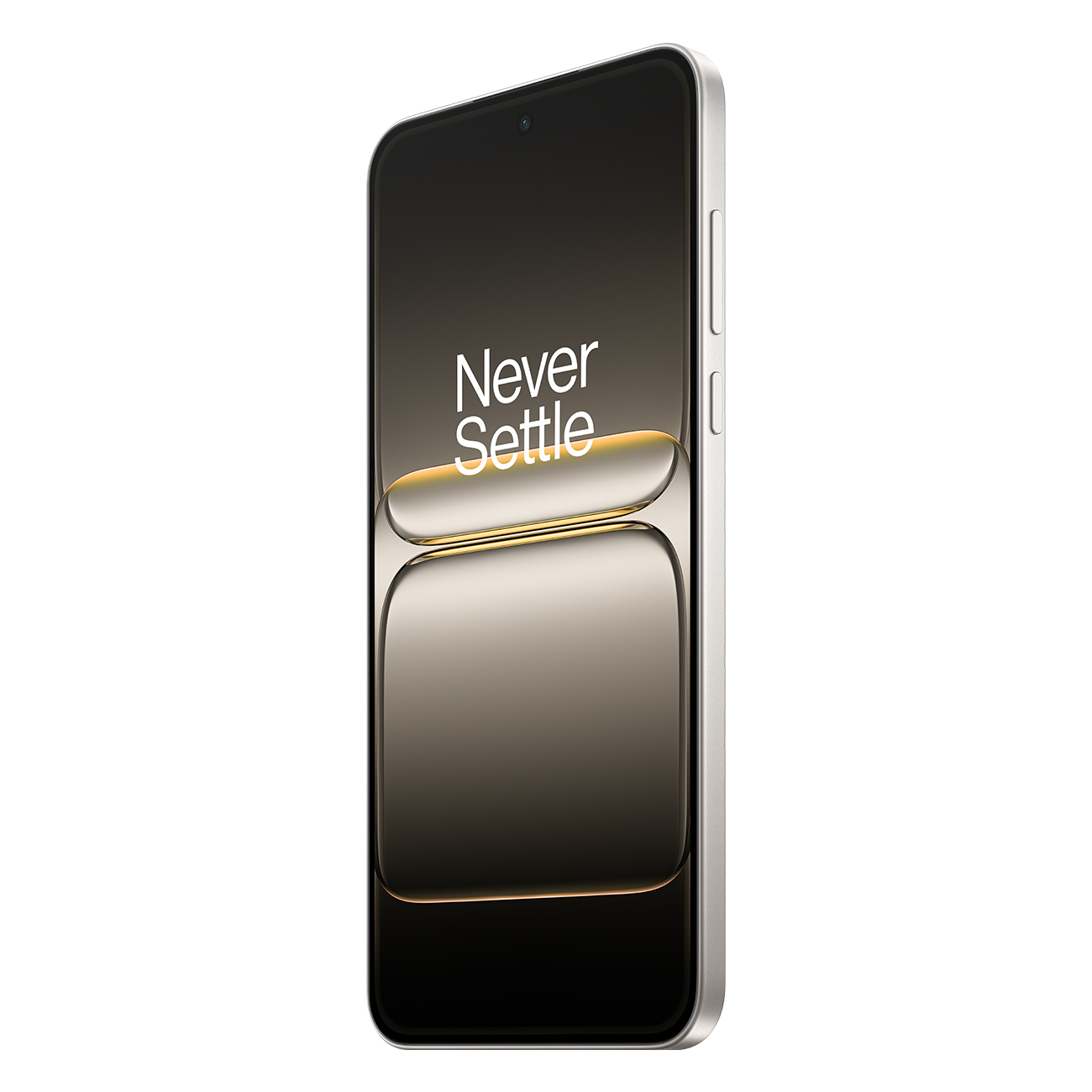 Srebrny smartfon, pochylony w prawo, wyświetla na ekranie 'Never Settle'. Tło jest białe.