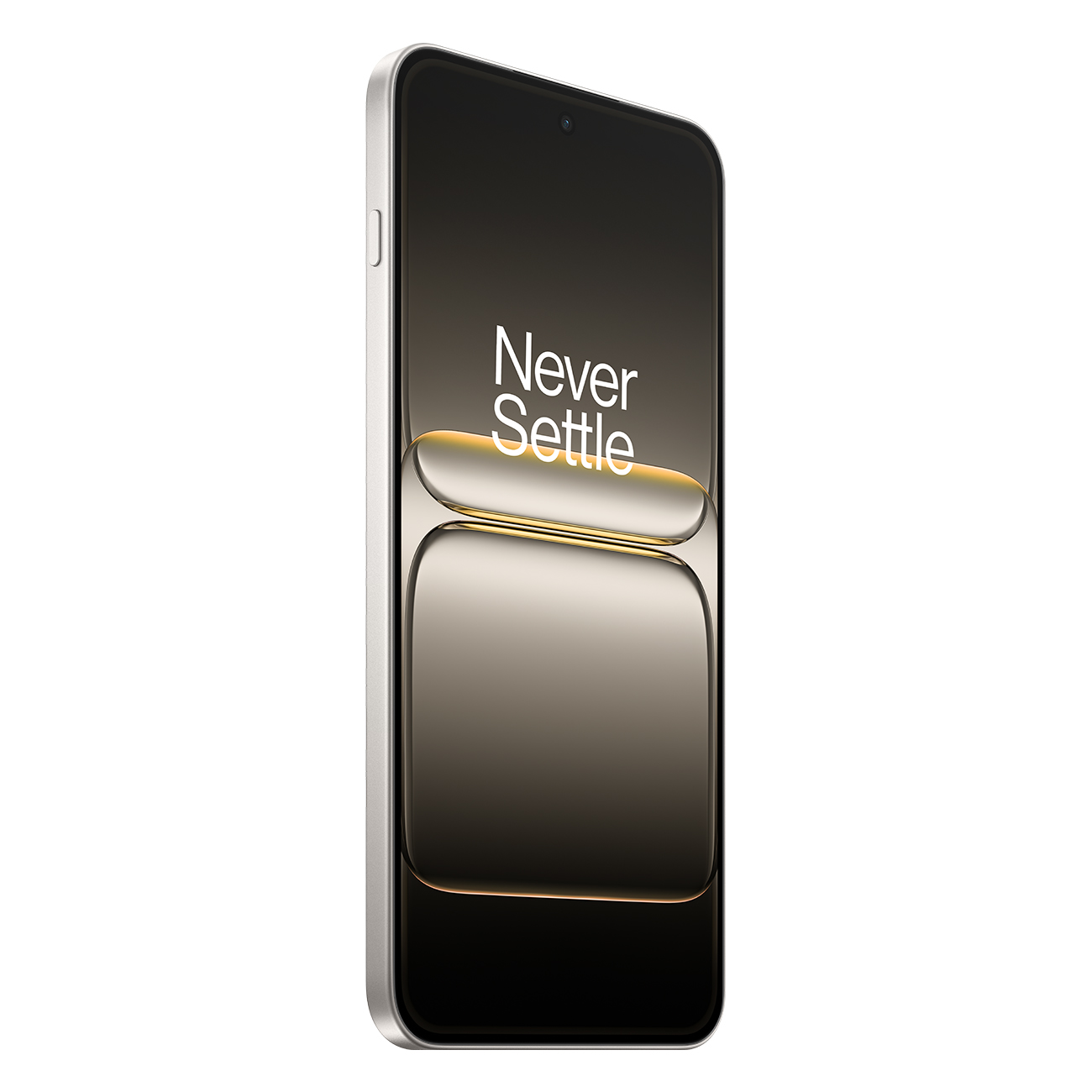 Srebrny smartfon z czarnym ekranem, wyświetlający słowa 'Never Settle'. Telefon jest ustawiony pod kątem, prezentując elegancki design.