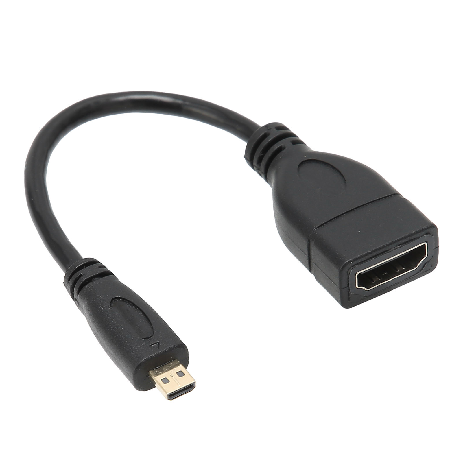 Ein schwarzes HDMI-Adapterkabel mit Mikro- und Standard-HDMI-Anschlüssen auf weißem Hintergrund.