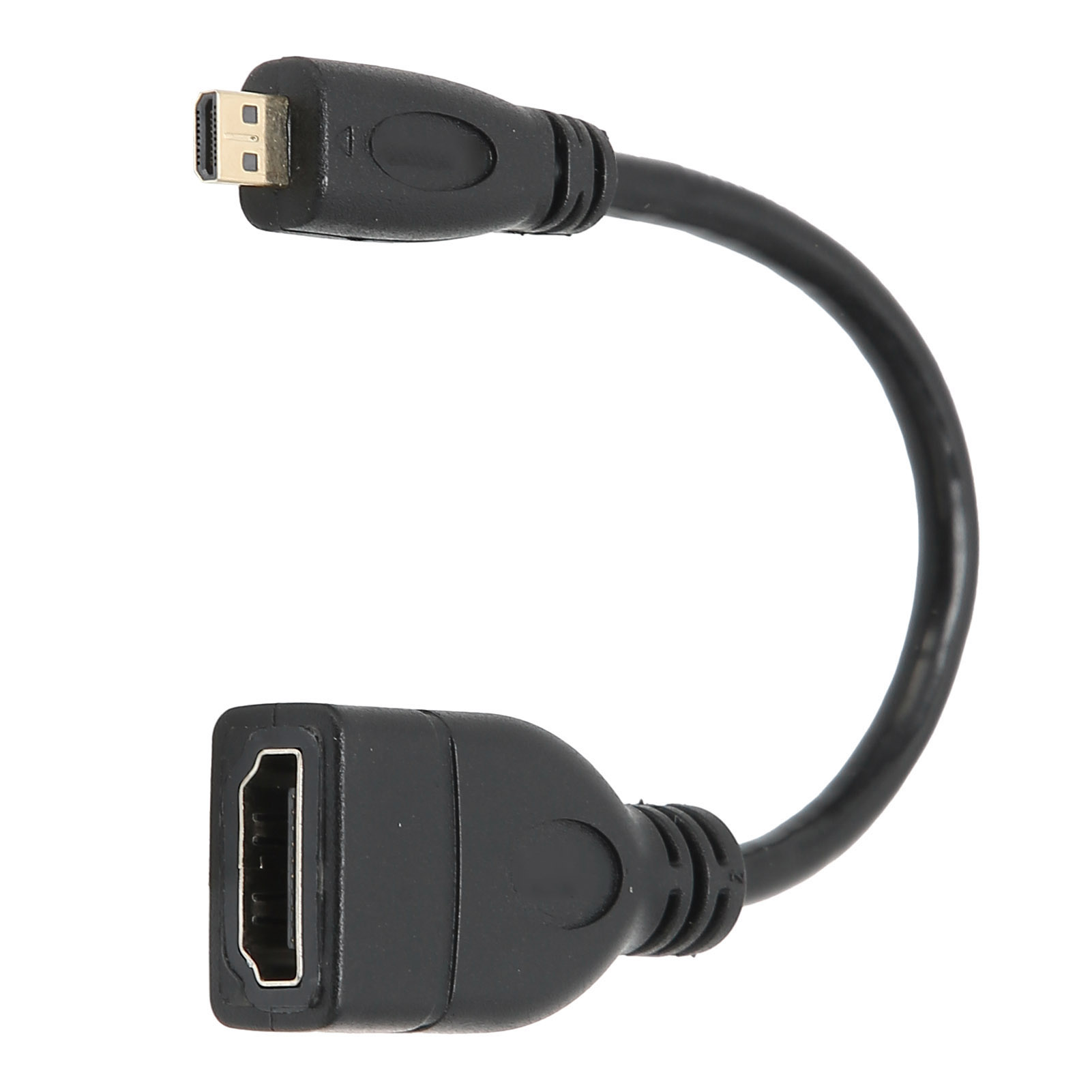 Schwarzes HDMI-zu-Mini-HDMI-Adapterkabel auf weißem Hintergrund. Das Kabel ist gebogen, mit Steckern an jedem Ende.