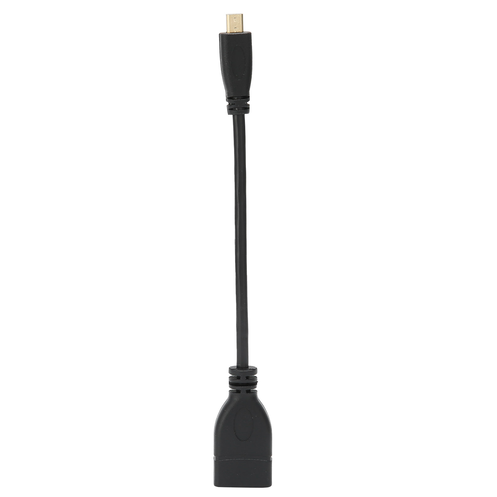 Ein schwarzes Micro-USB-zu-USB-Adapterkabel ist mittig auf einem weißen Hintergrund platziert.