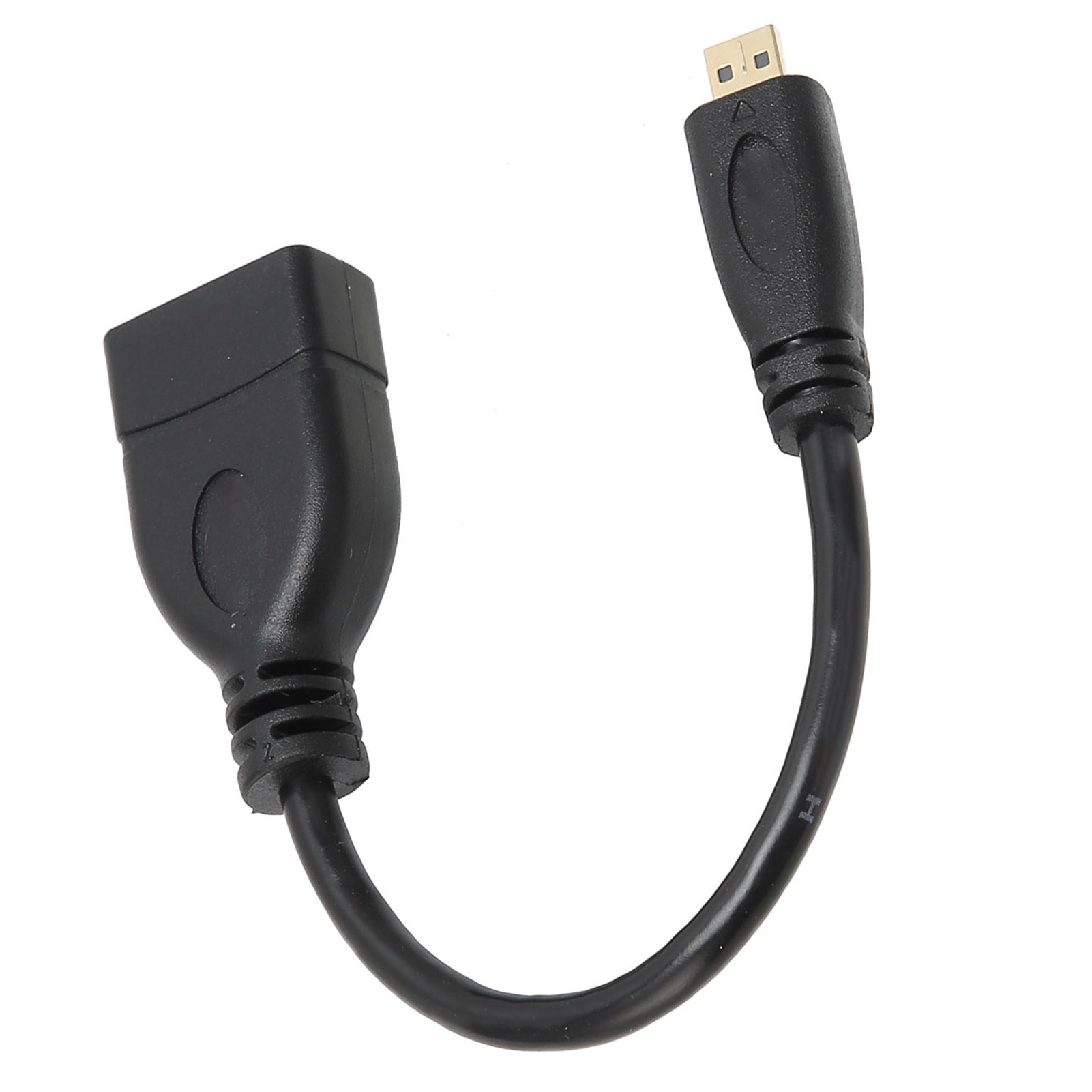 Ein schwarzes Adapterkabel mit zwei Anschlüssen. Einer ist USB-A, der andere Micro-USB. Weißer Hintergrund.