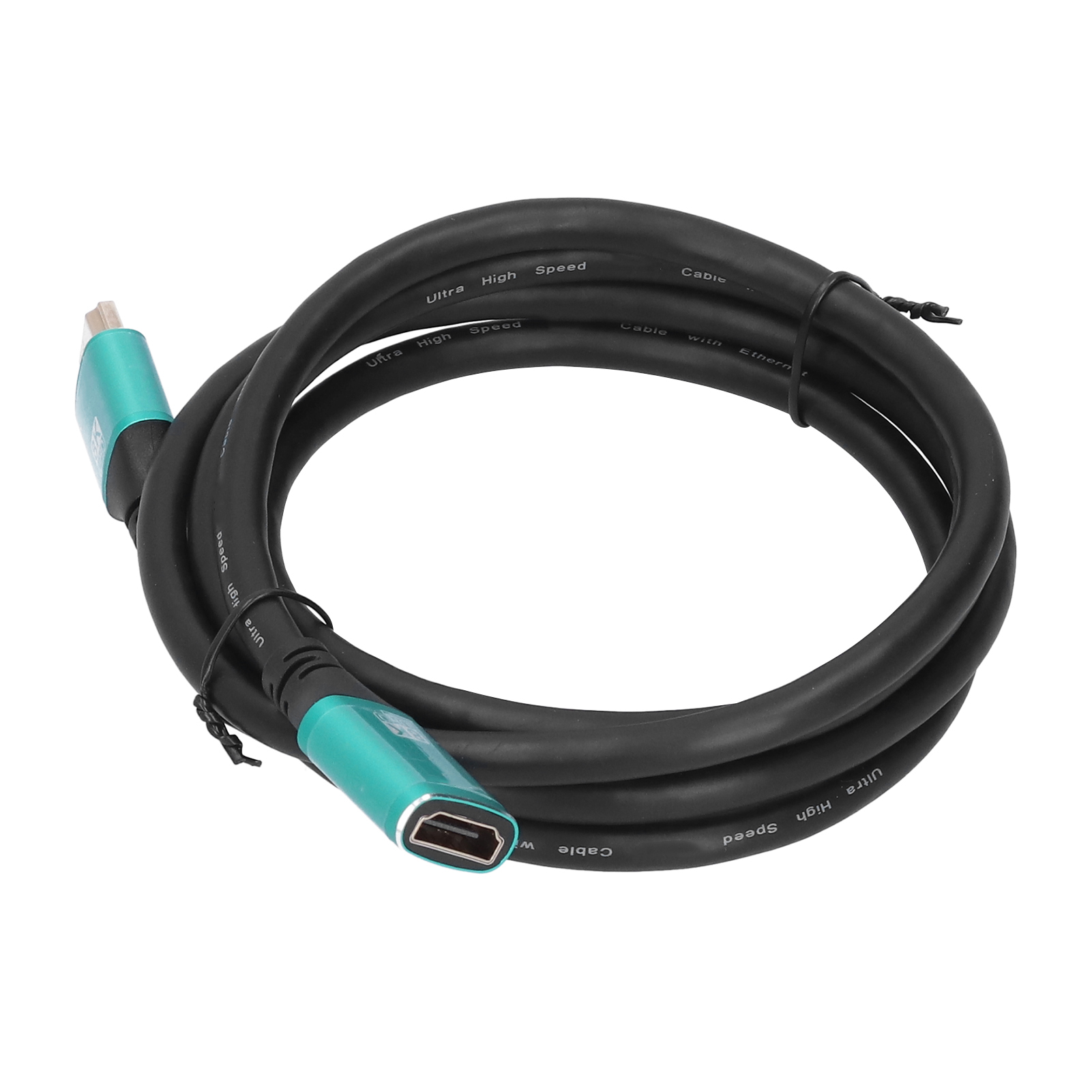 Ein schwarzes HDMI-Kabel mit teal-farbenen Steckern, auf weißem Grund gerollt. Auf dem Kabel steht 'Ultra High Speed Cable'.