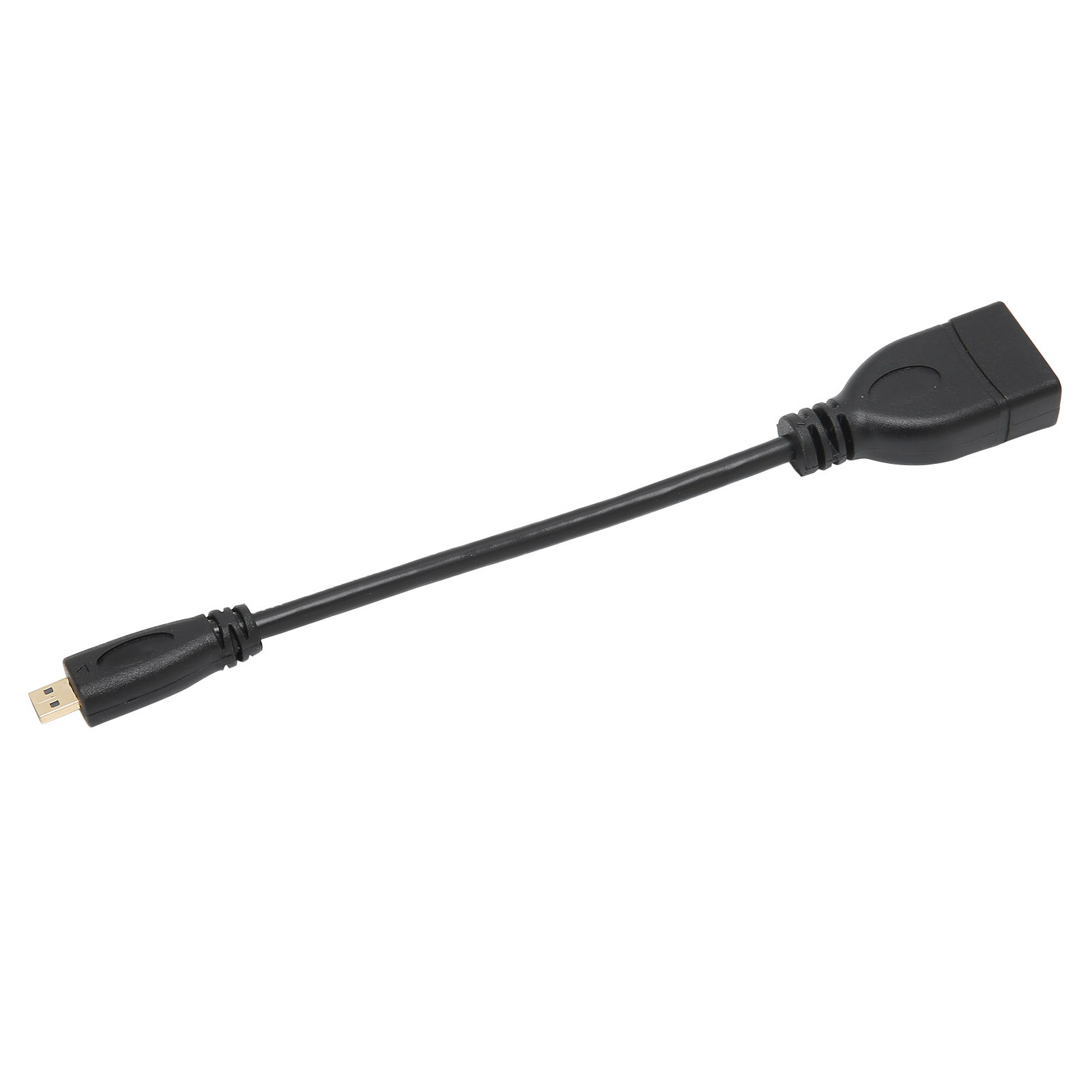 Ein schwarzes USB-Adapterkabel liegt auf weißem Hintergrund. Es hat einen Micro-USB-Anschluss und einen größeren USB-Buchsenanschluss.