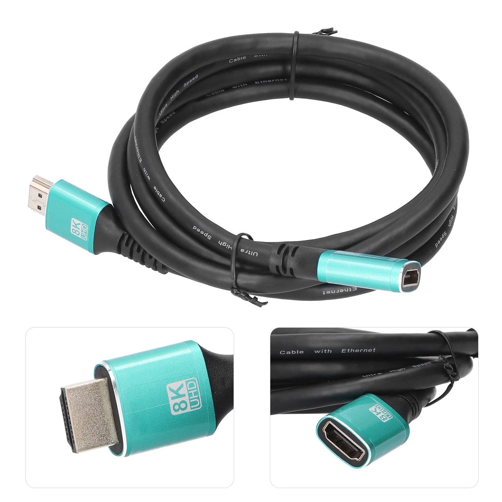 Ein 8K UHD HDMI-Kabel mit tealfarbenen Anschlüssen und schwarzem Kabel. Das Kabel ist aufgerollt und mit einem schwarzen Kabelbinder gebunden.