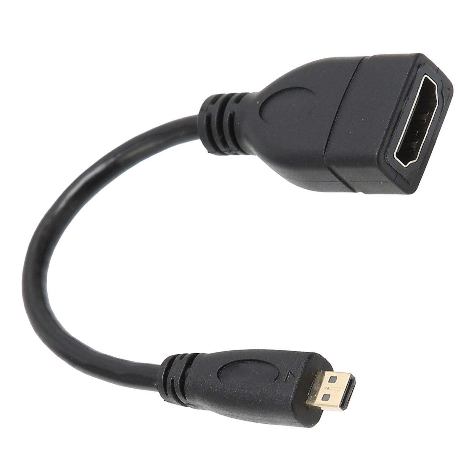 Ein schwarzes HDMI-zu-Mini-HDMI-Adapterkabel. Ein Ende ist ein Standard-HDMI, das andere ein Mini-HDMI, verbunden durch ein gebogenes Kabel.