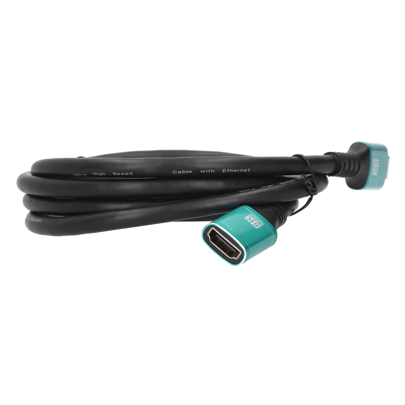 Schwarzes HDMI-Kabel mit grünen Steckern. Das Kabel ist mit 'Ultra High Speed Cable with Ethernet' beschriftet.