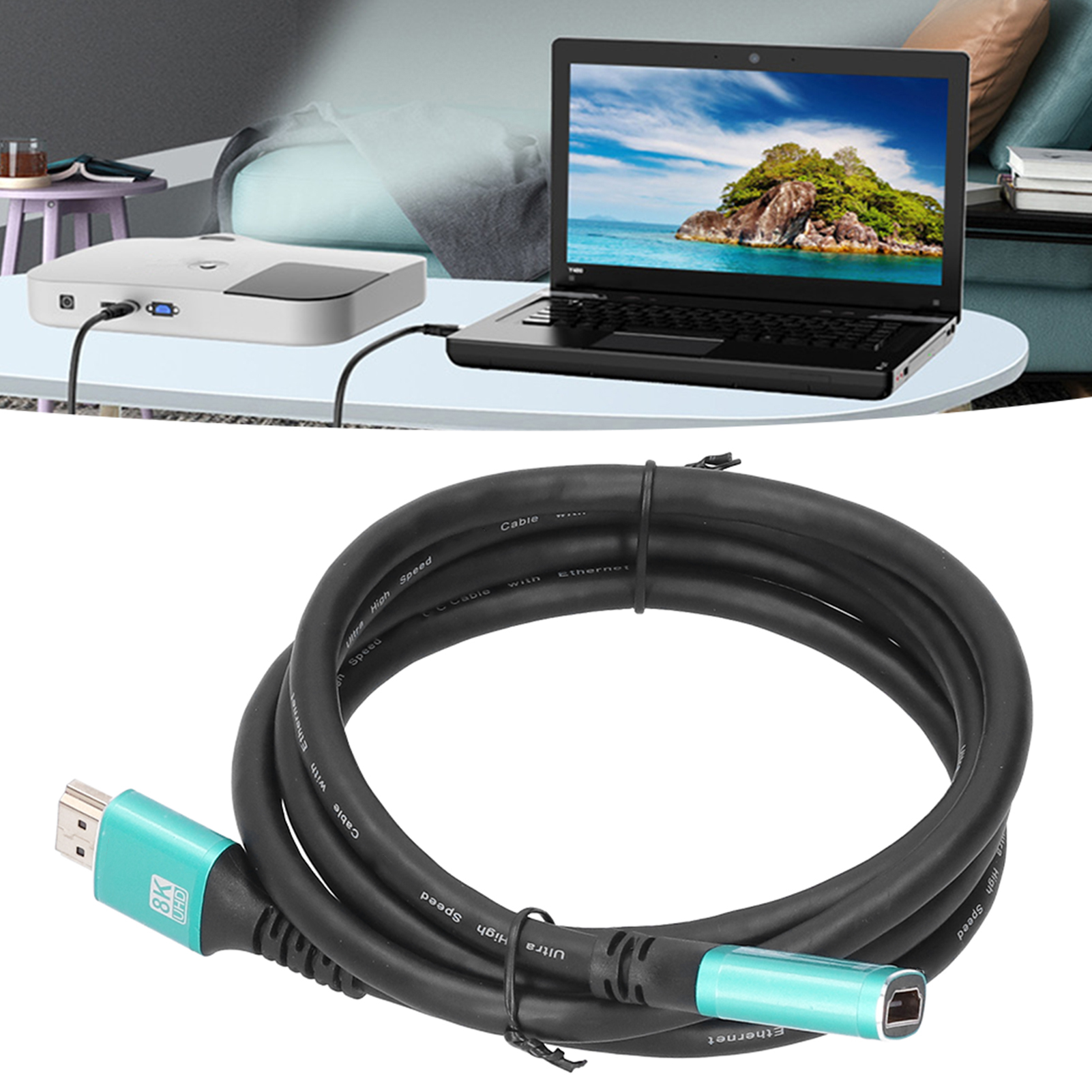Ein Laptop zeigt eine Landschaft. Auf dem Tisch befinden sich ein Projektor und ein Kabel. Im Vordergrund befindet sich ein schwarzes Kabel.
