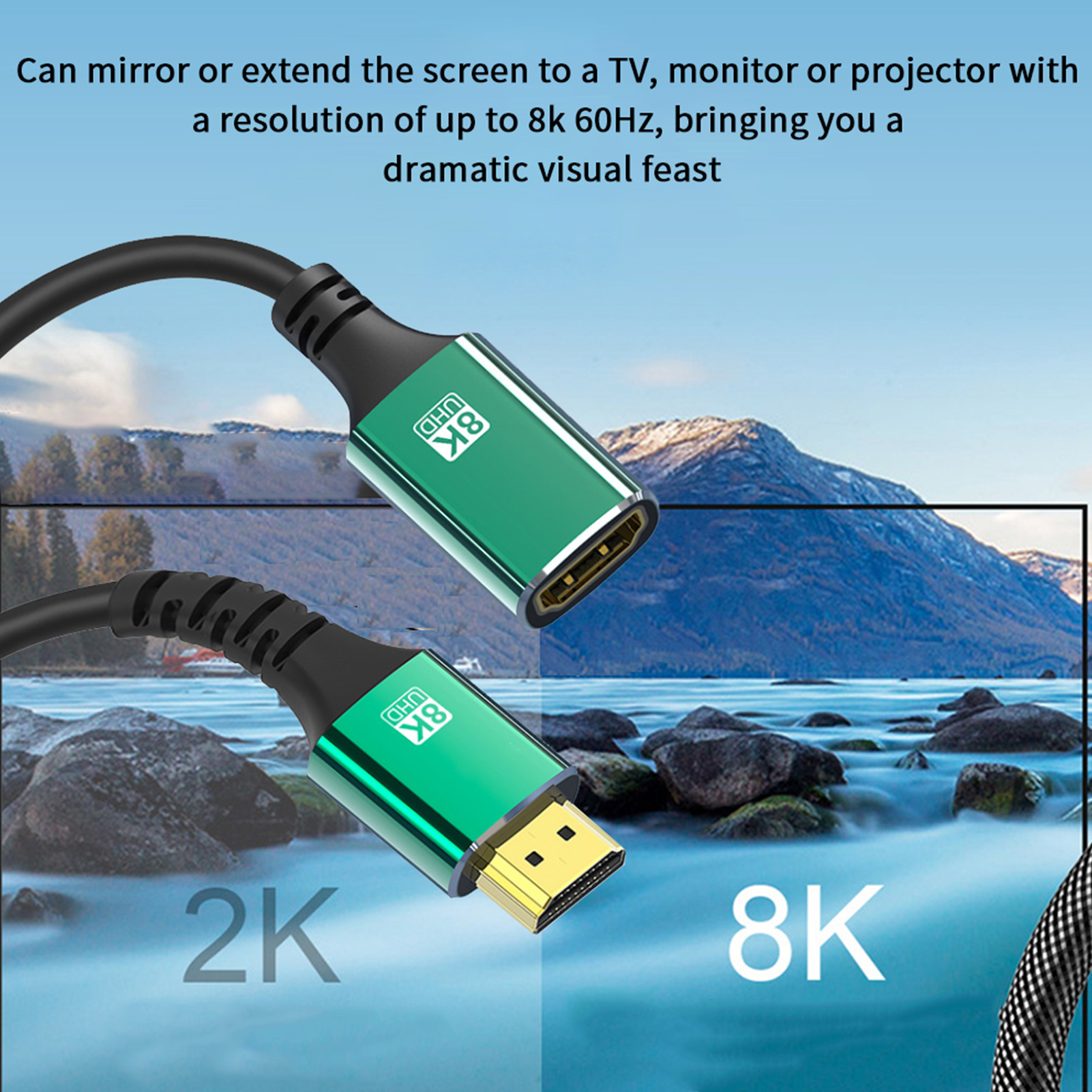 Grüne HDMI-Kabel, gekennzeichnet mit 8K UHD, werden angezeigt. Der Hintergrund zeigt eine Berg- und Wasserlandschaft.