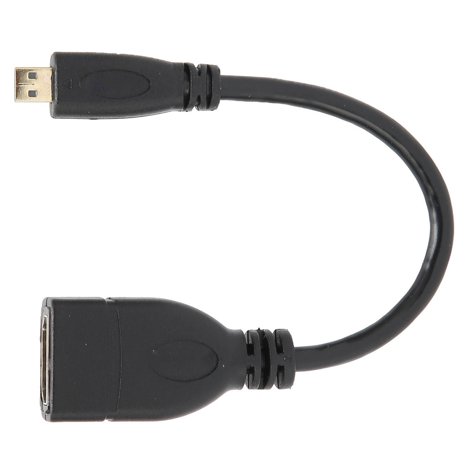 Ein schwarzes USB-zu-HDMI-Adapterkabel, gebogene Form, mit zwei Anschlüssen an jedem Ende, vor weißem Hintergrund.