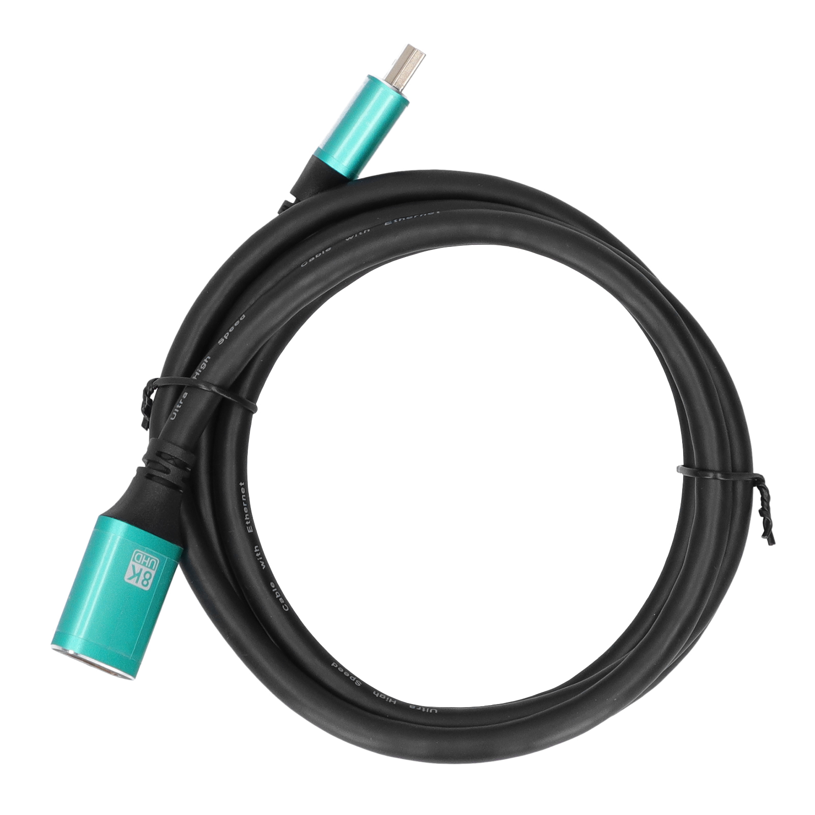 Ein 8K-UHD-Ethernet-Kabel mit hoher Geschwindigkeit. Schwarzes Kabel mit tealfarbenen Steckern. Etikett zeigt 8K UHD. Das Kabel ist in einer Schleife.