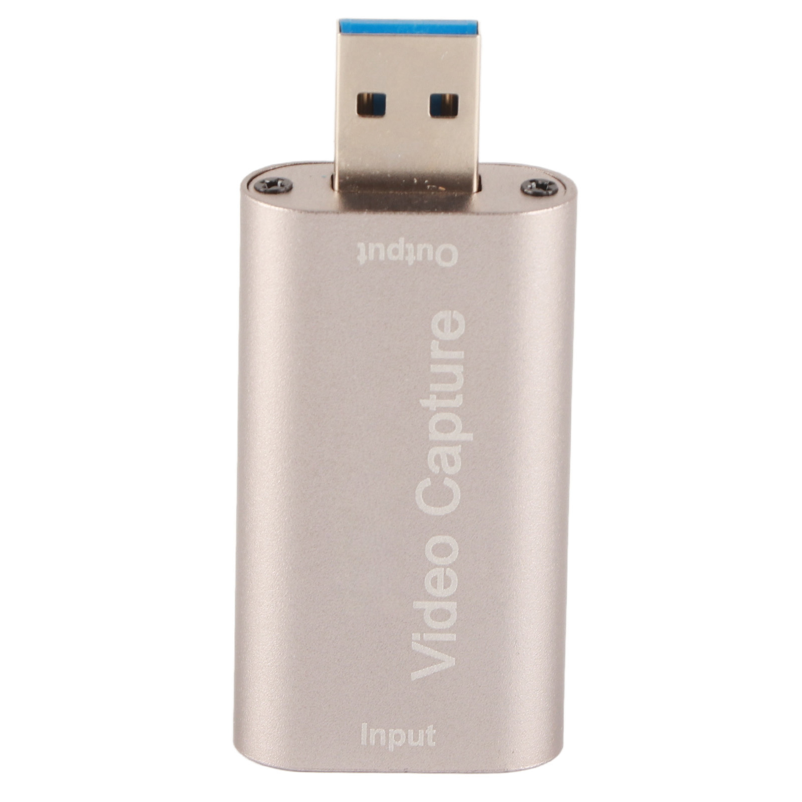 Ein silbernes Videoaufnahmegerät mit USB-Anschluss. Es hat die Aufschrift 'Video Capture' und 'Input/Output'.