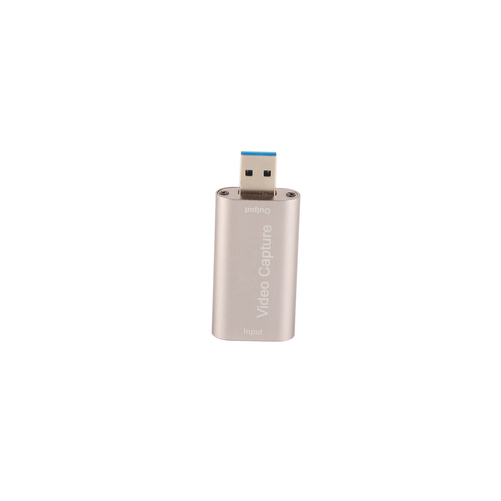 Ein silbernes Videoaufnahmegerät mit blauem USB-Anschluss auf weißem Hintergrund. Es ist mit 'Video Capture' beschriftet.