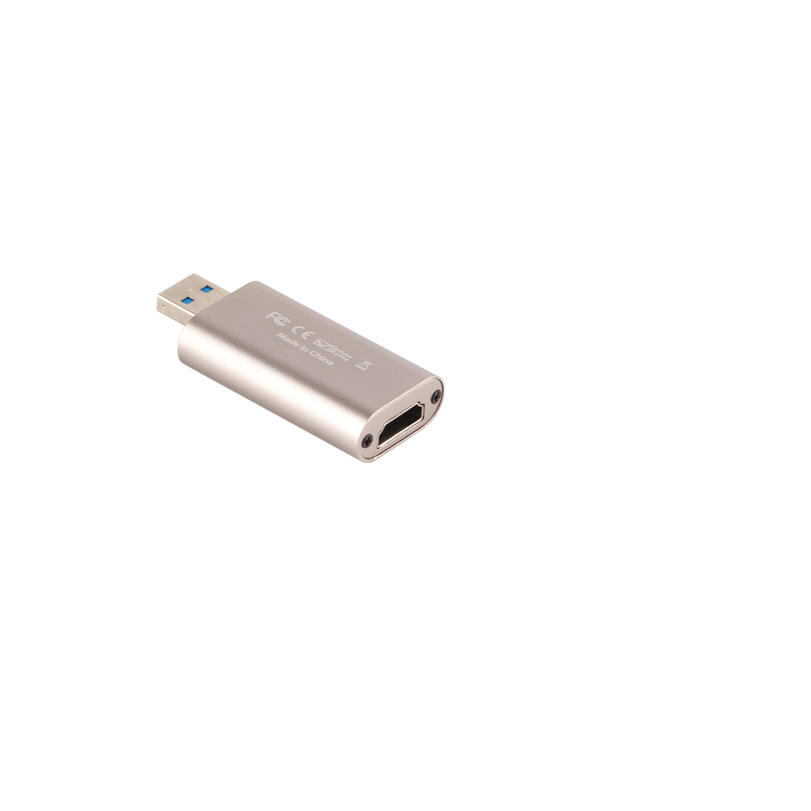 Silberner USB-zu-HDMI-Adapter. Zeigt einen USB-A-Anschluss und einen HDMI-Anschluss. Hergestellt in China ist auf dem Gerät aufgedruckt.