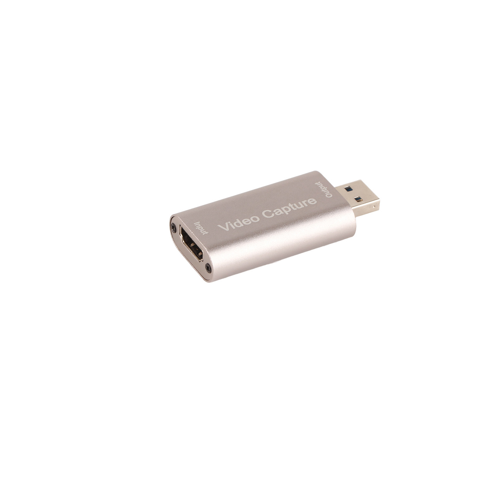Ein silbernes Videoaufnahmegerät mit der Aufschrift 'Video Capture'. Es hat Eingangs- und Ausgangsanschlüsse und einen USB-Anschluss.