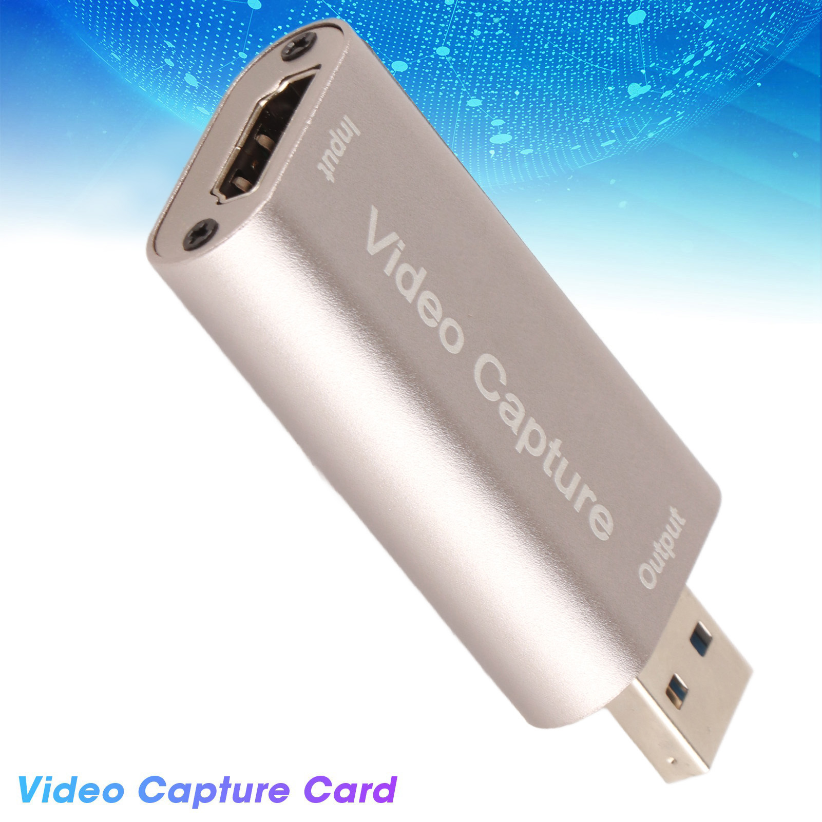 Silberne Video-Capture-Karte mit Eingangs- und Ausgangsanschlüssen. Die Karte hat einen USB-Anschluss und ist mit 'Video Capture' beschriftet.