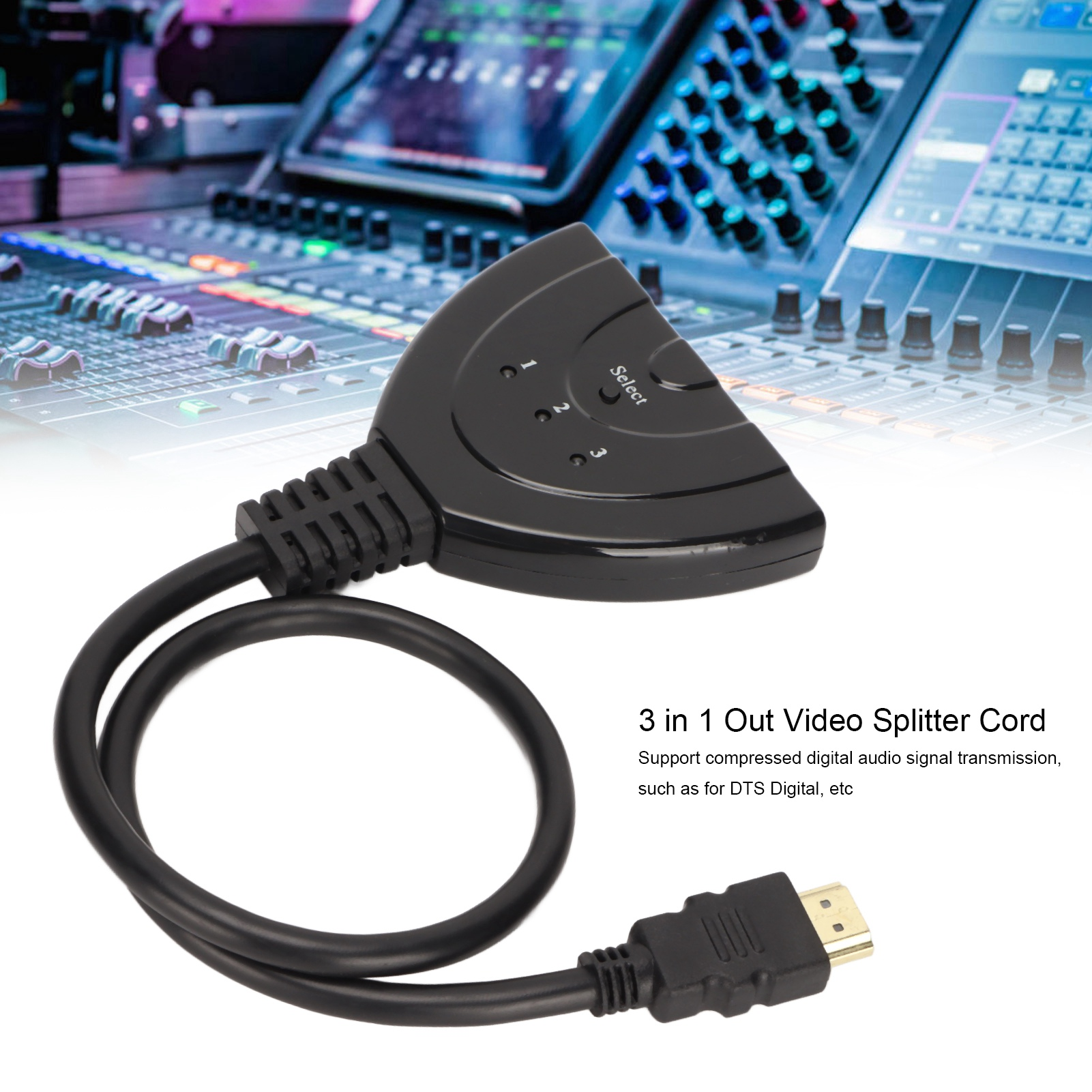 Ein schwarzes 3-in-1-Videosplitterkabel mit HDMI-Anschluss und einer schwarzen Steuereinheit mit 3 Tasten und einer Auswahltaste.