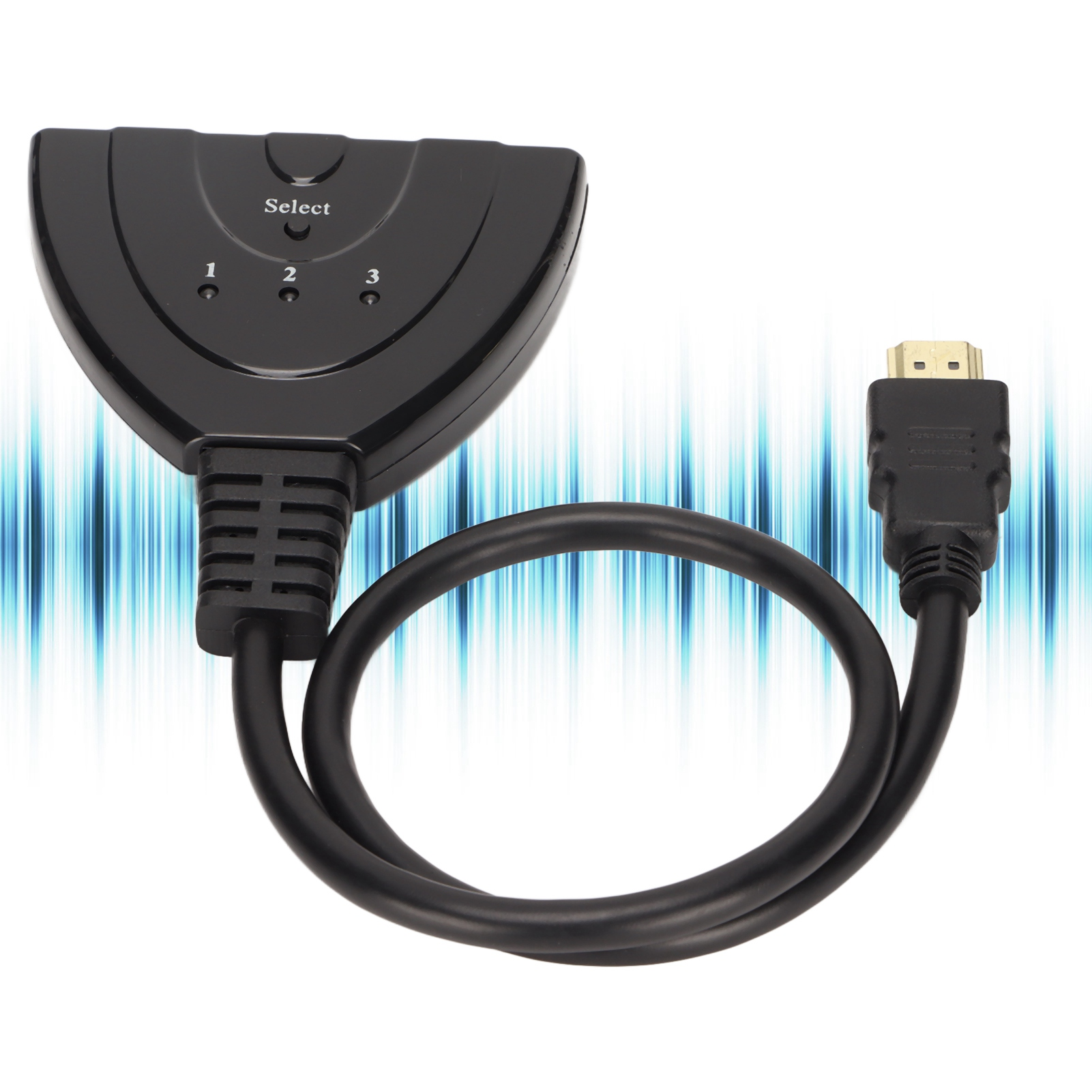Schwarzer HDMI-Schalter mit drei Eingängen, Auswahltaste und schwarzem Kabel. Weißer Hintergrund mit blauen vertikalen Linien.