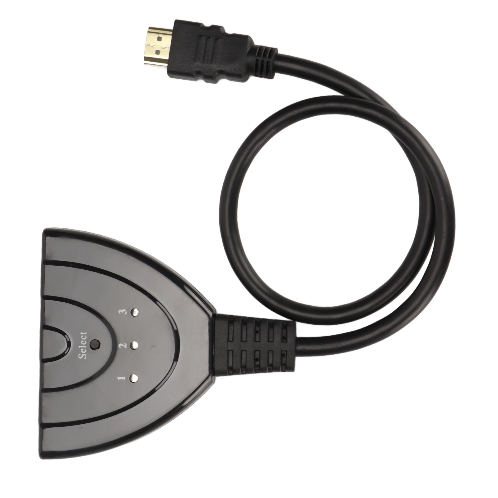 Schwarzer HDMI-Switch mit drei nummerierten Eingängen und einer Auswahltaste, verbunden mit einem schwarzen Kabel und Stecker.