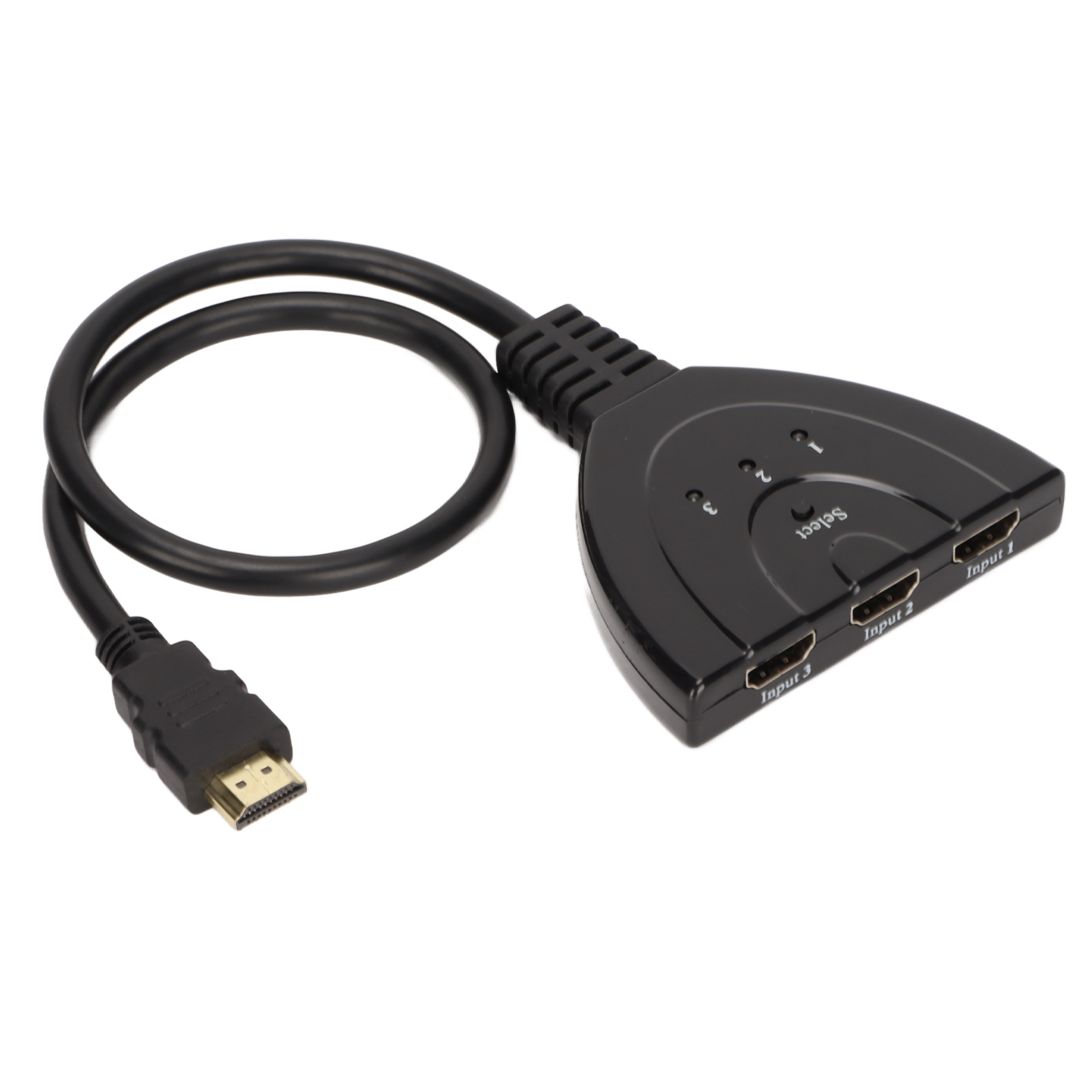 Schwarzer HDMI-Splitter mit drei Eingängen und einem Ausgang. Das Kabel ist gebogen. Weißer Hintergrund.