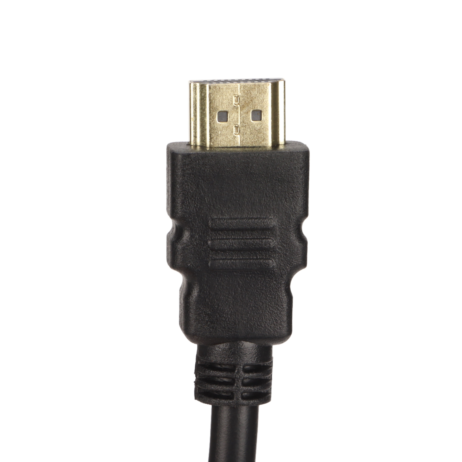 Nahaufnahme eines HDMI-Anschlusses. Er hat einen goldfarbenen Kopf und einen schwarzen Kunststoffkörper. Der Hintergrund ist weiß.