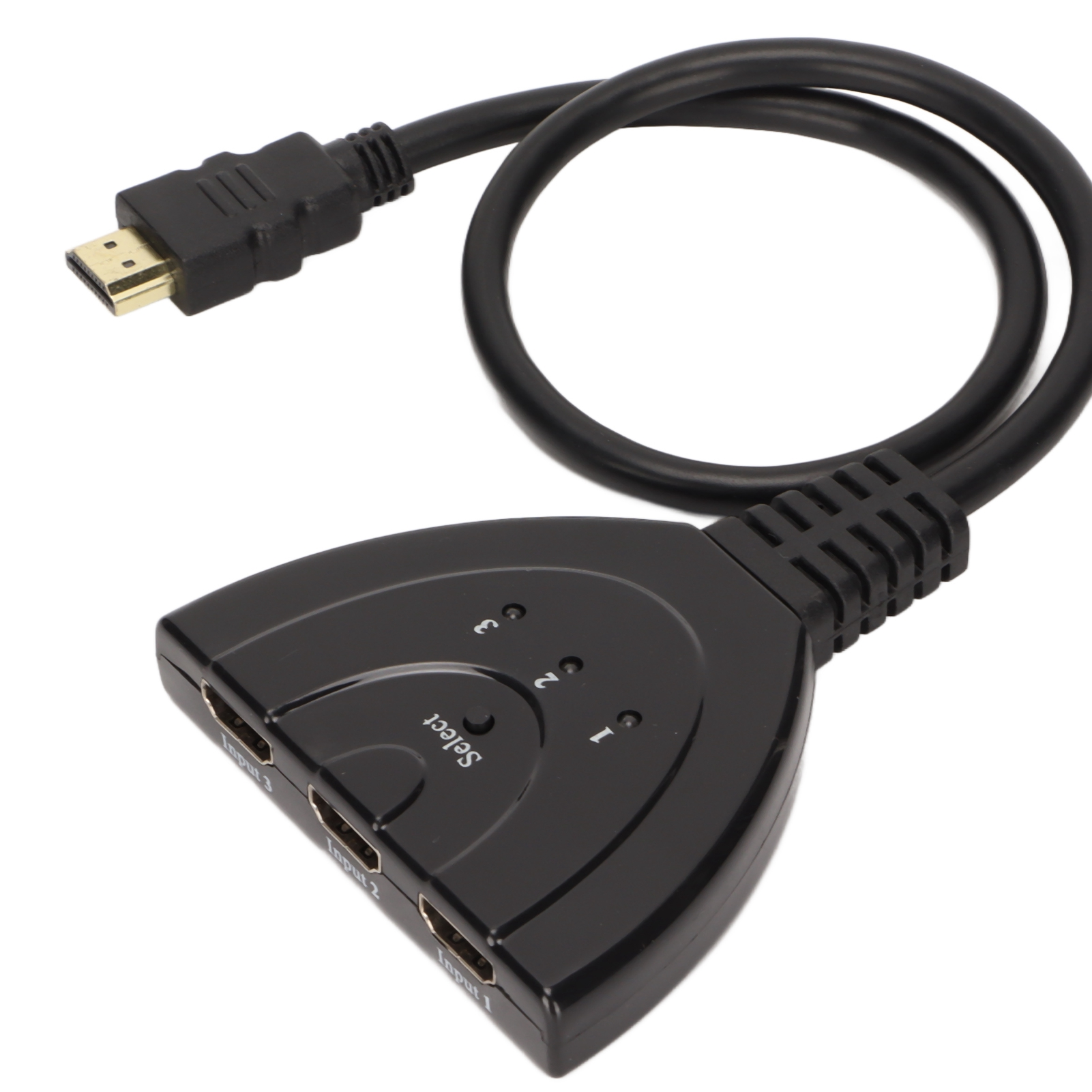 Schwarzer HDMI-Switch mit drei Eingängen und einer Auswahltaste. Er hat ein schwarzes Kabel und einen goldfarbenen HDMI-Anschluss.