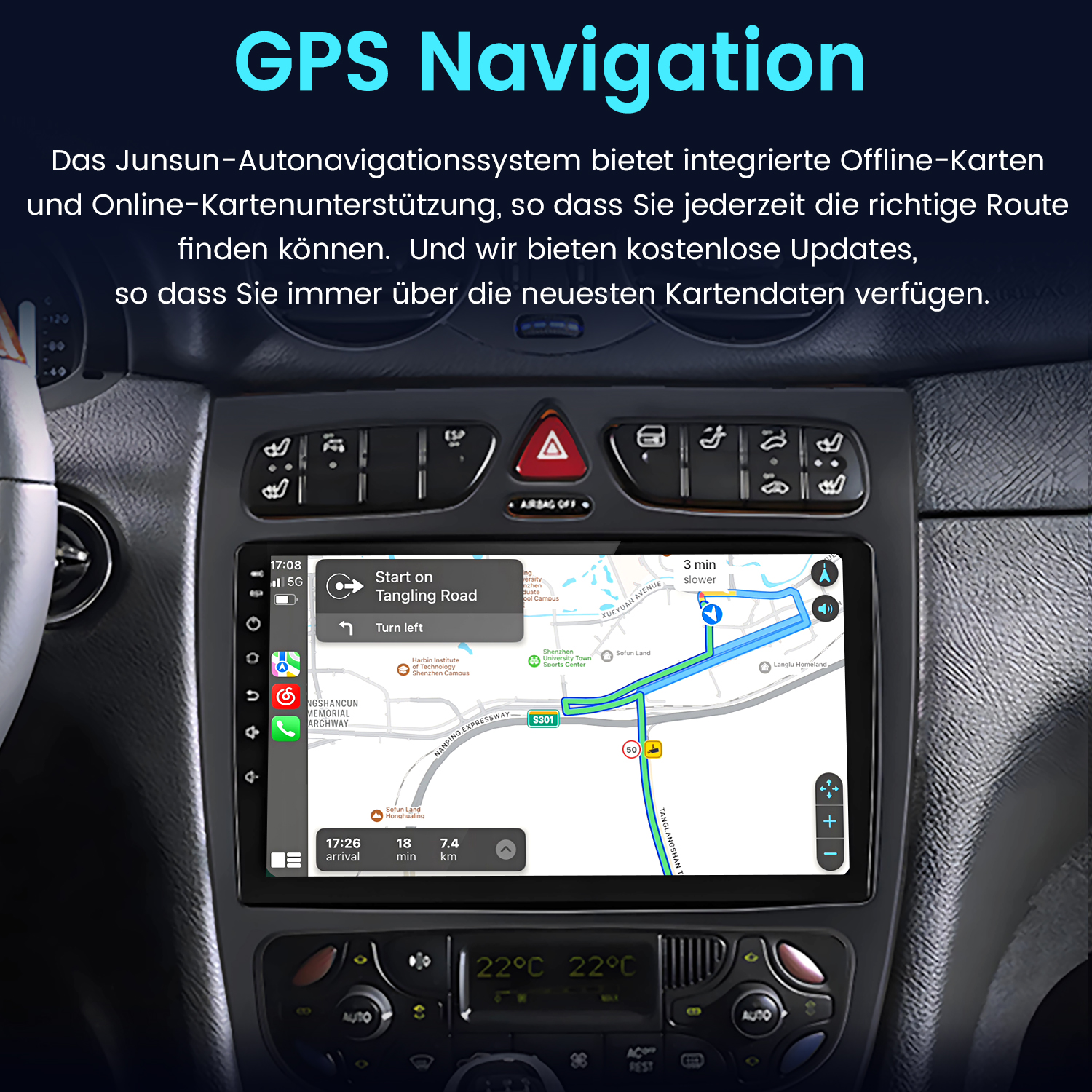 GPS-Navigationsbildschirm in einem Auto zeigt eine Karte mit Routenführung. Der Innenraum des Autos ist sichtbar.