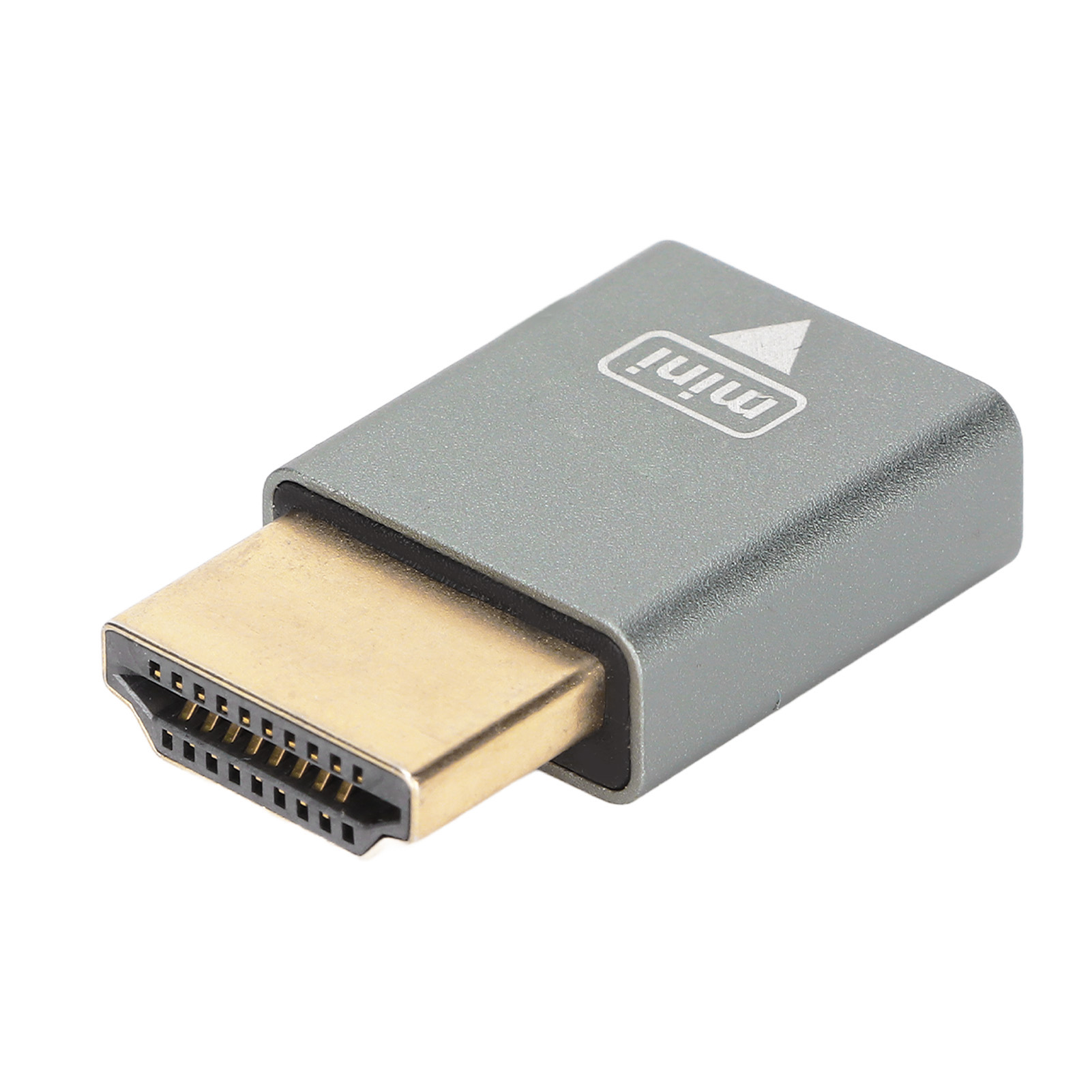 Ein grauer HDMI-Adapter mit einem goldenen Stecker auf weißem Hintergrund. Er hat "mini" und einen Pfeil aufgedruckt.