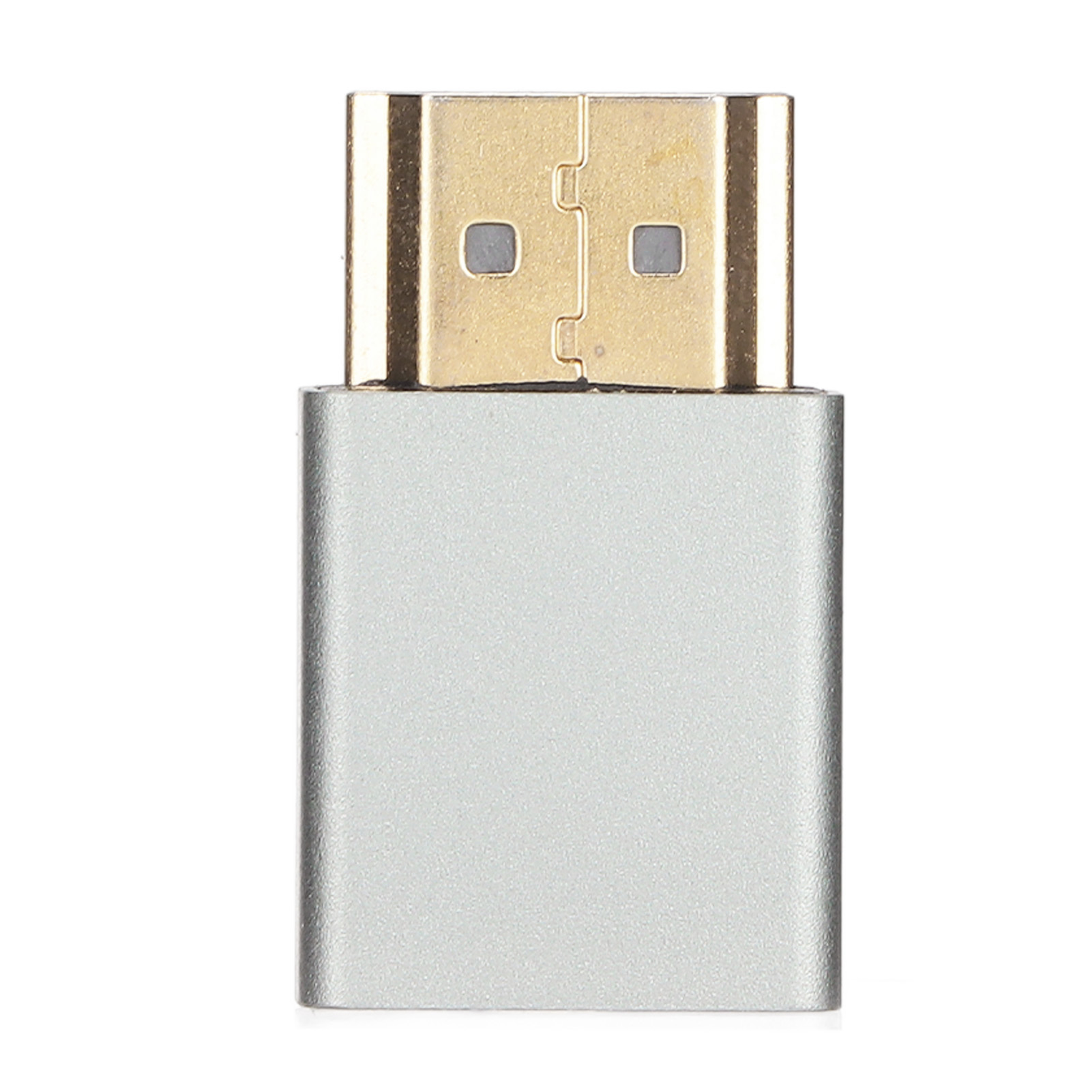 Ein silberner HDMI-Adapter mit einem goldfarbenen HDMI-Anschluss. Der Adapter ist rechteckig und steht senkrecht.