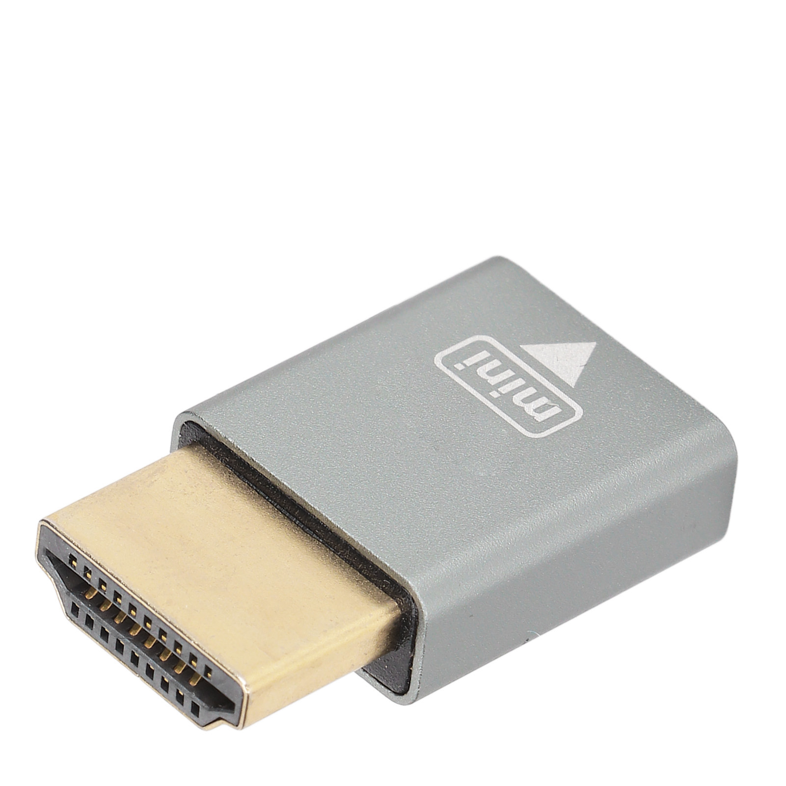 Ein silberner HDMI-Adapter mit goldenem Stecker. Der Adapter ist mit 'mini' beschriftet.