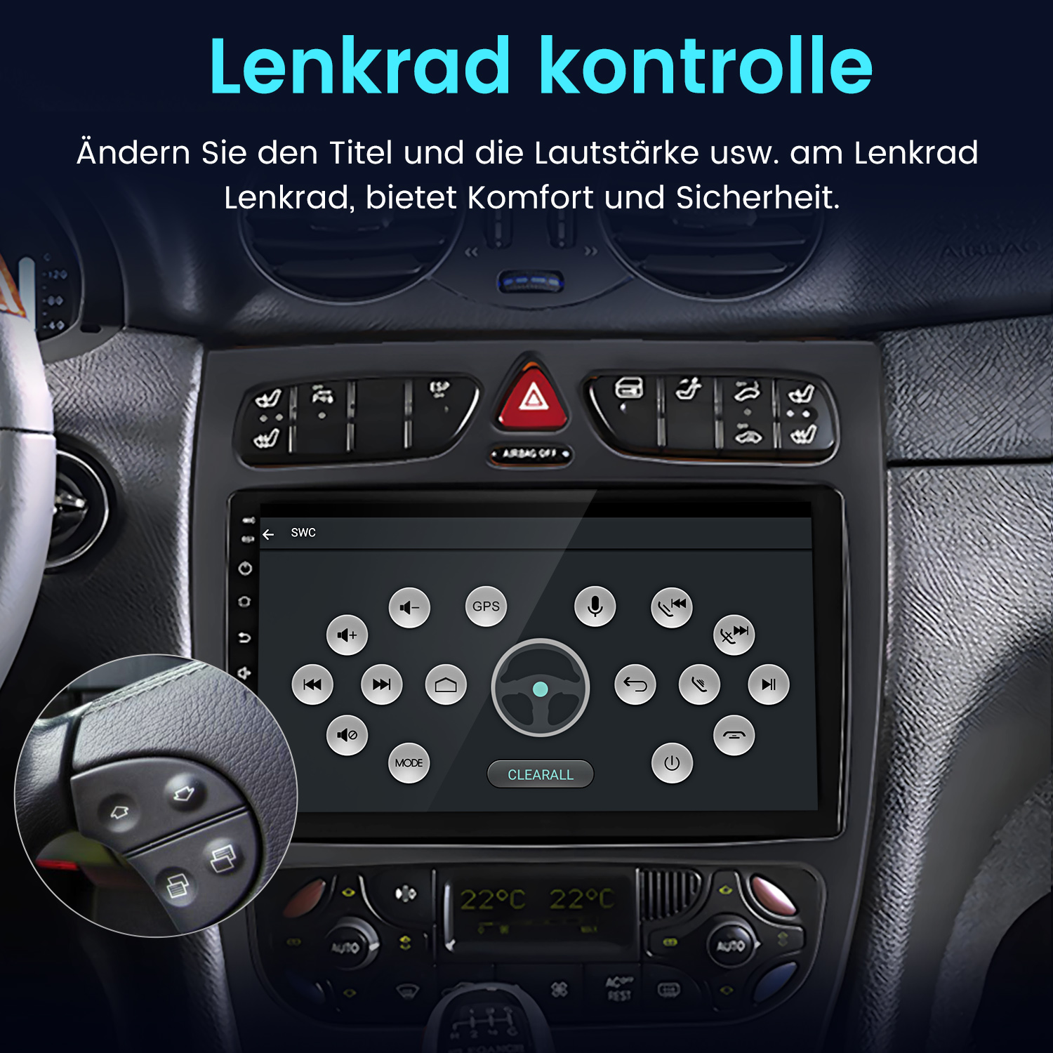 Autoinnenraum mit Lenkrad und Display mit Steuerungsoptionen. Der Text 'Lenkrad Kontrolle' ist sichtbar.